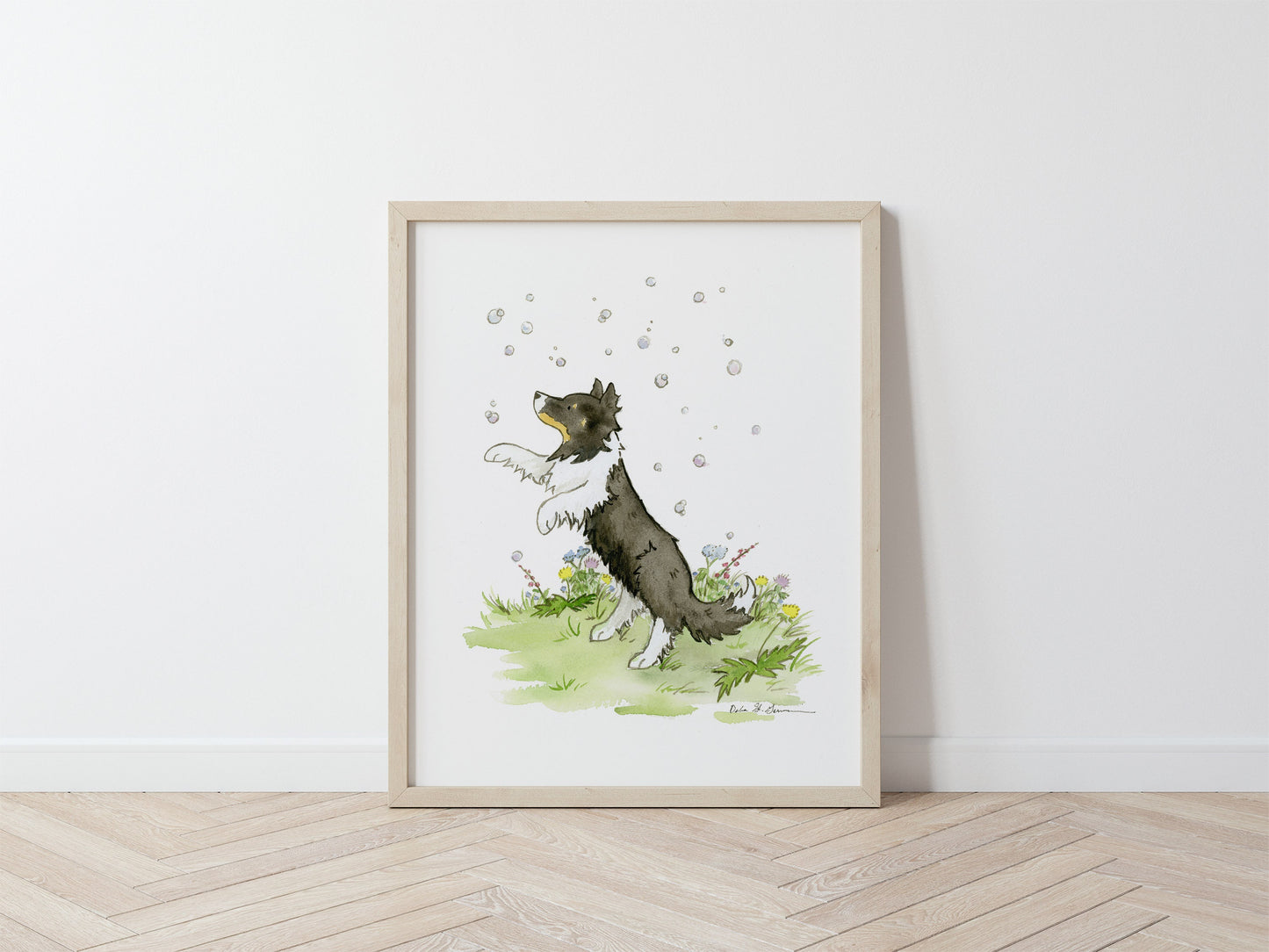 Sheltie Art, Sheltie Print, Tri Color Shetland Sheepdog with Bubbles, Children's Art, Sheltie Gift, Watercolor, Dog Portrait, Collie