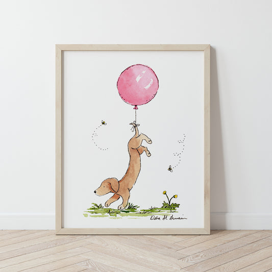 Dachshund with Pink Balloon Art Print, Puppy Nursery Art, Wiener Dog Gift