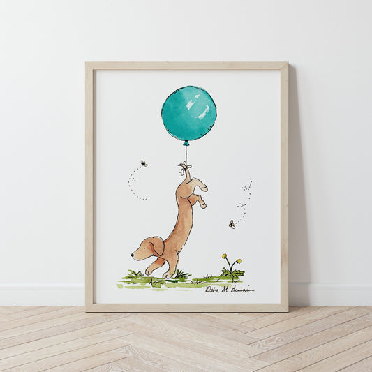 Cute Dachshund Art, Dachshund with Turquoise Balloon, Funny Dachshund Art, Gift for Dog Lovers, Puppy Nursery Art, Wiener Dog Art