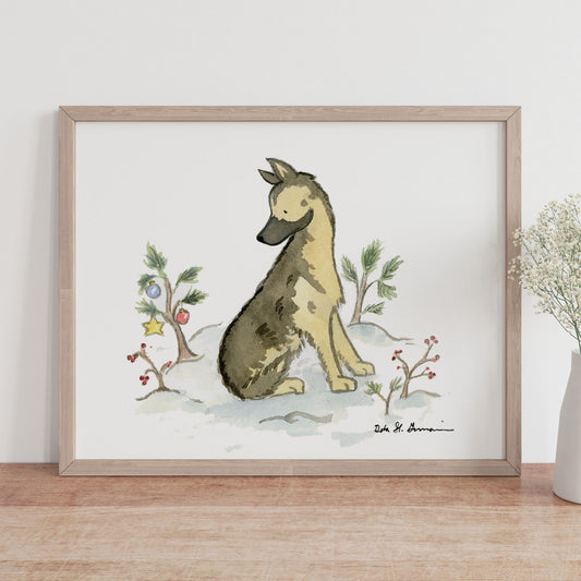 German Shepherd Christmas Art, Watercolor Print, Holiday Gift for Dog Lovers