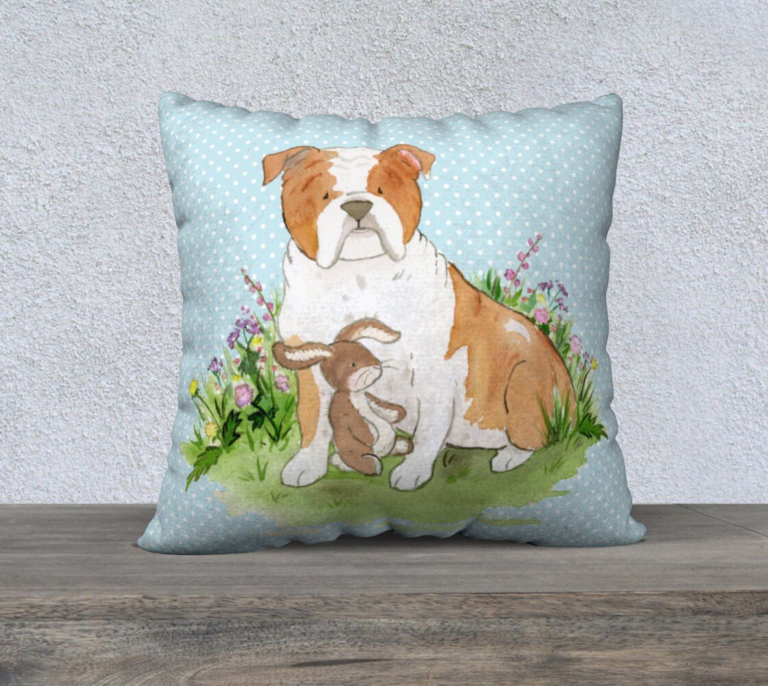 Bulldog Throw Pillow cover, Watercolor Dog Pillow, Square Cotton Canvas Pillow, English Bulldog Gift, Dog Lover Gift, Bulldog Mom, Dog Decor