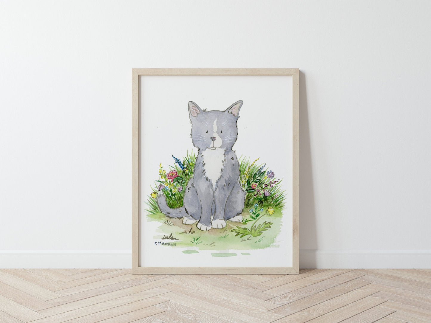 Gray Cat Print, Cute Cat Art Print, Cat with Flowers, Cat Lover Art, Cat Nursery Art, Cat Lover Gift, Kitten Artwork, Gray Cat Painting