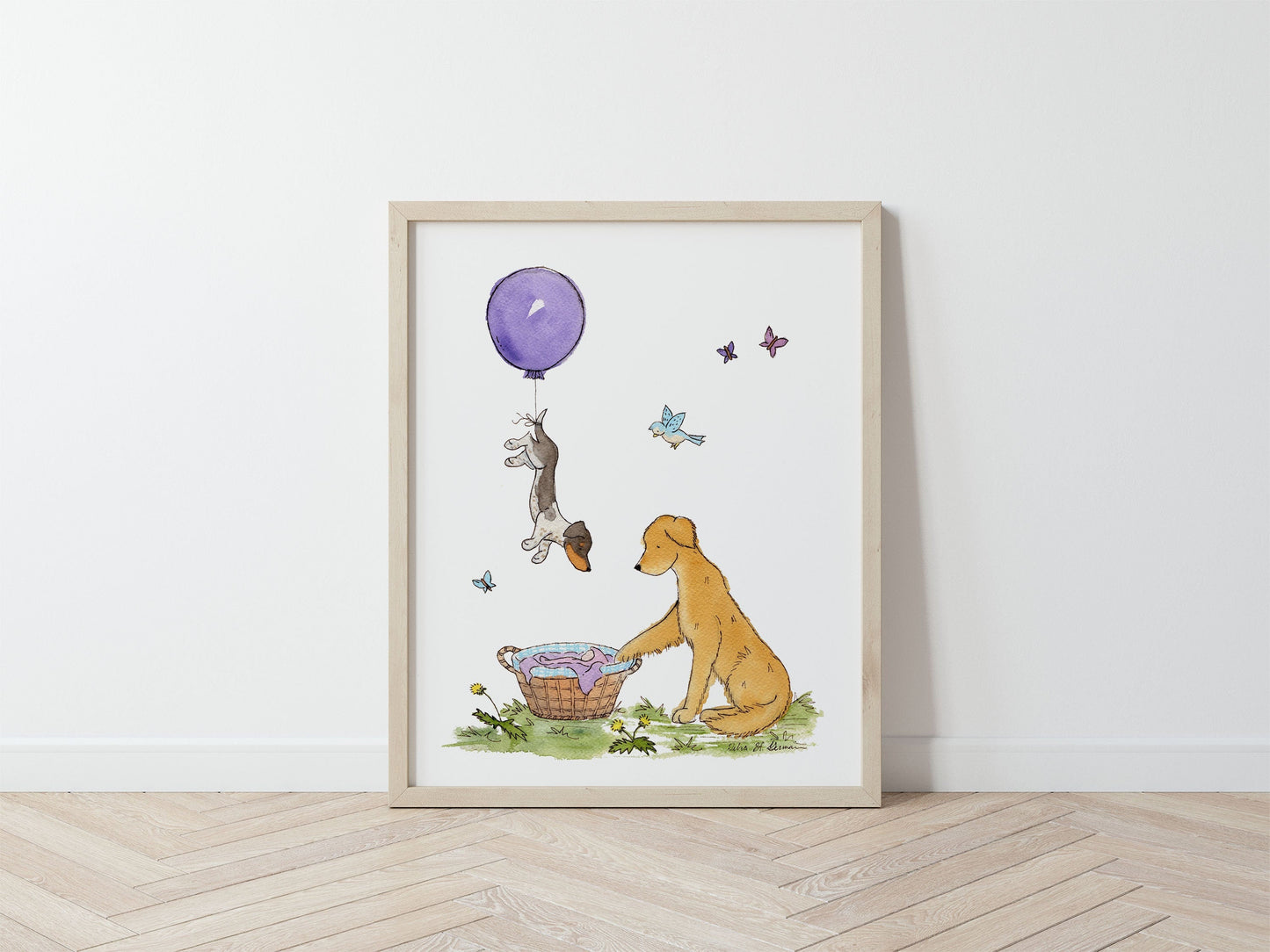 Dog Nursery Art, Golden Retriever Art, Dachshund Art, Balloon Nursery Art, Purple Nursery, Watercolor Art Print, Puppy art, Baby Girl Art