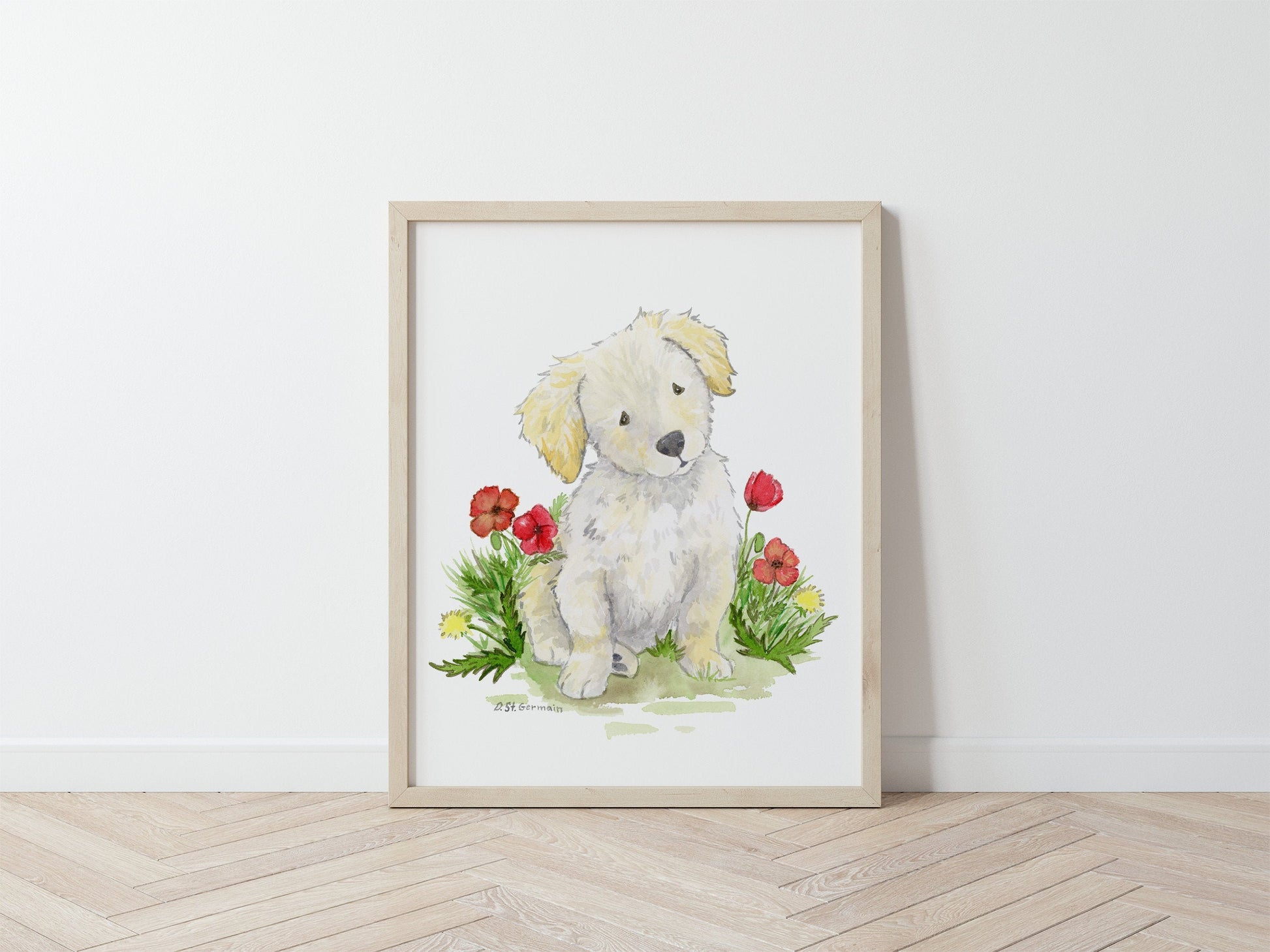 Watercolor Dog Art, Puppy with Flowers