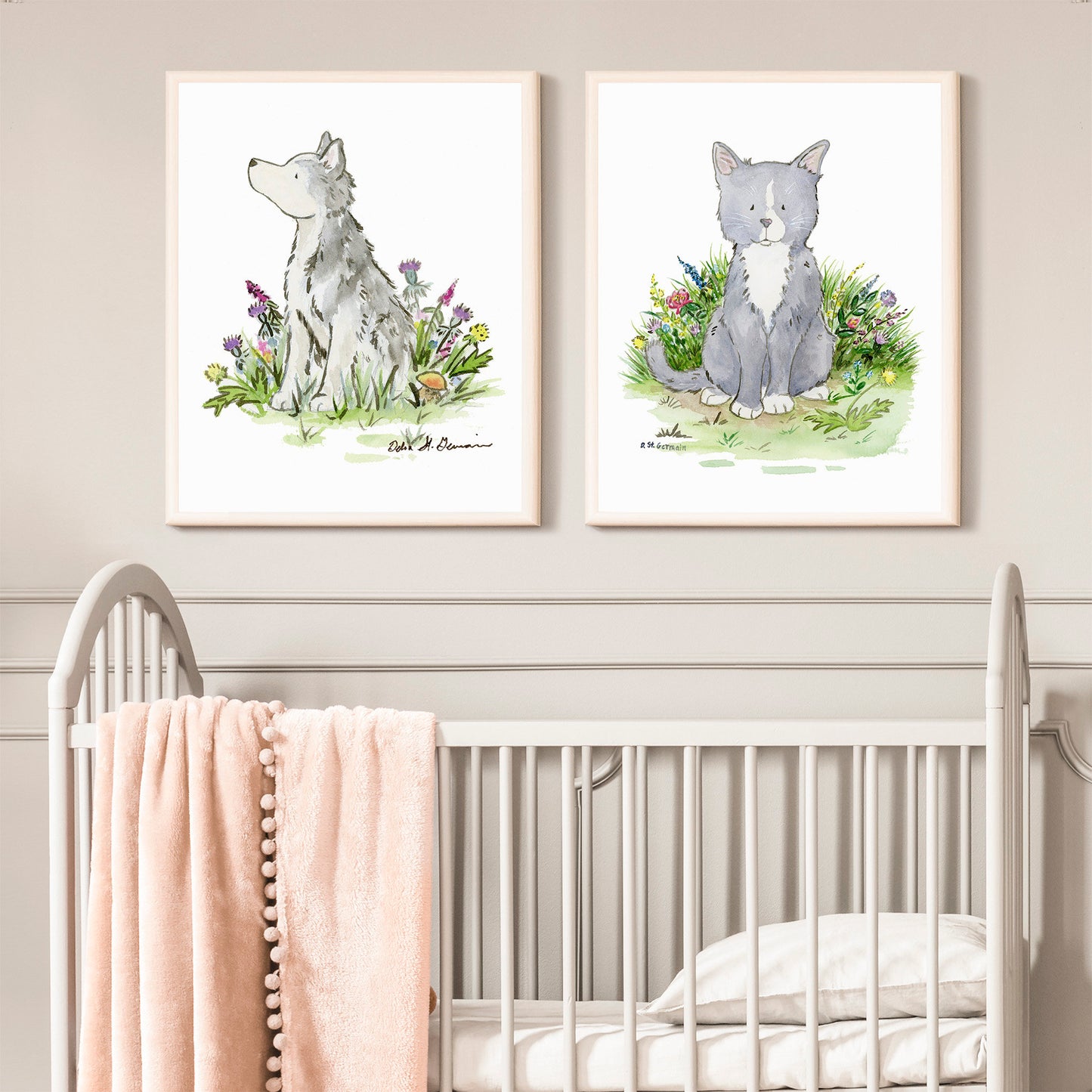 Gray Cat Print, Cute Cat Art Print, Cat with Flowers, Cat Lover Art, Cat Nursery Art, Cat Lover Gift, Kitten Artwork, Gray Cat Painting