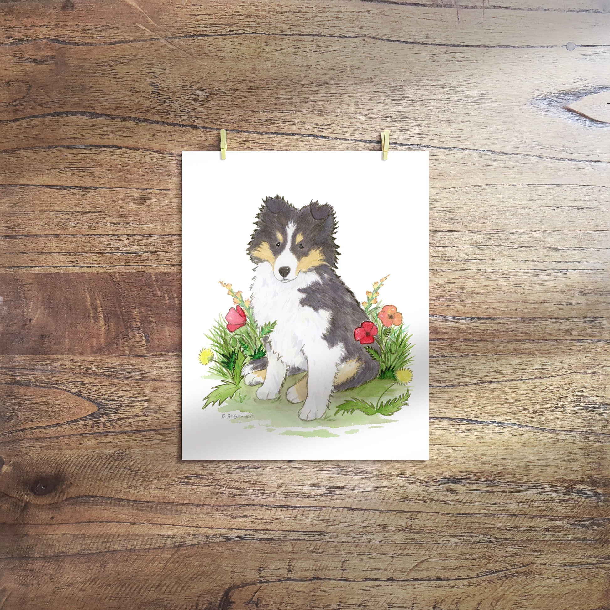 Sheltie Art, Shetland Sheepdog, Tricolor Sheltie Puppy with Flowers, Cute Sheltie Art, Nursery Art, Sheltie Gift, Sheltie Lovers, Cute Dog