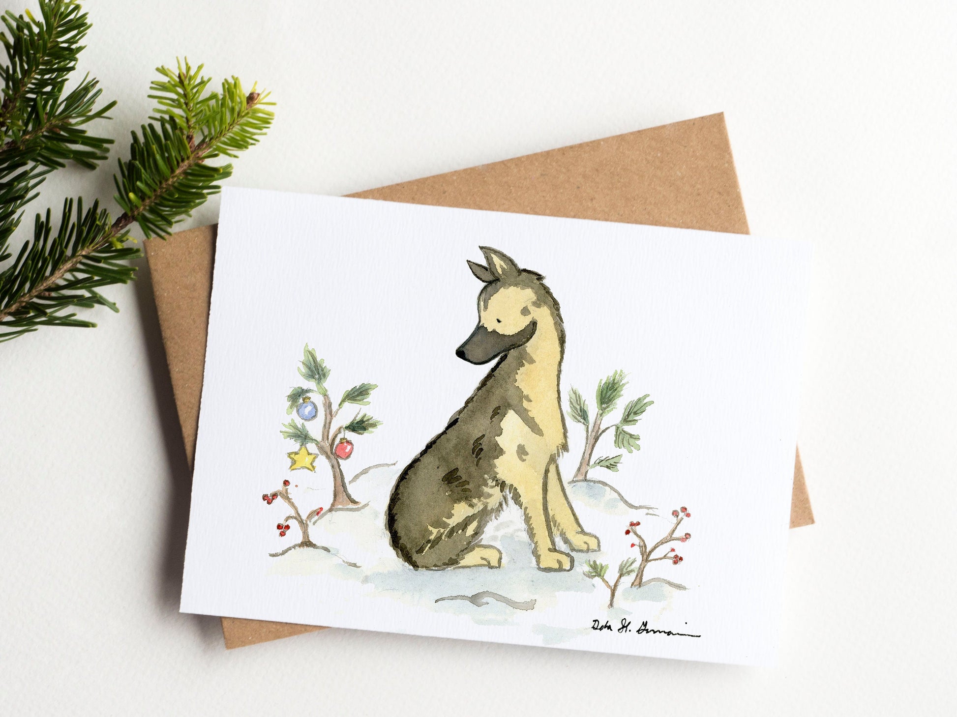 German Shepherd Christmas Card Set, German Shepherd Holiday Card, Cute German Shepherd, Watercolor German Shepherd Card, Dog Lover Card