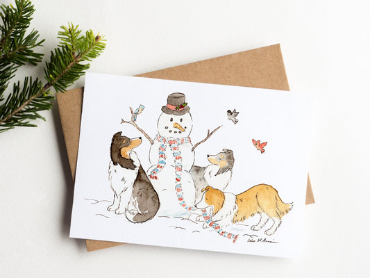 Sheltie Christmas Card Set, Shelties With Snowman, Shetland Sheepdog Holiday Card, Collie Christmas Card, Cute Sheltie Card, Dog Lover Card
