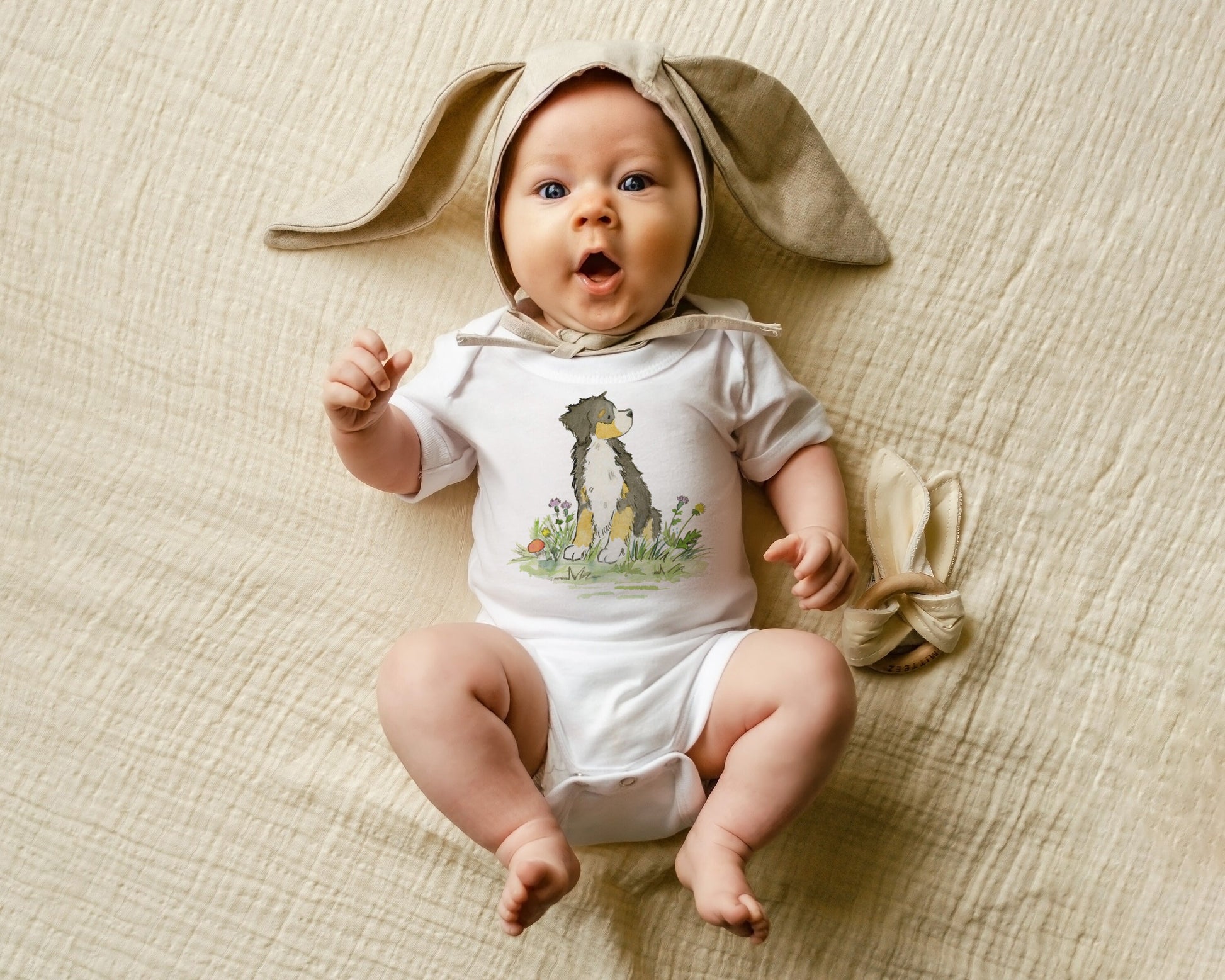 White infant bodysuit with artwork of a cute Bernese Mountain Dog on it worn by a baby.