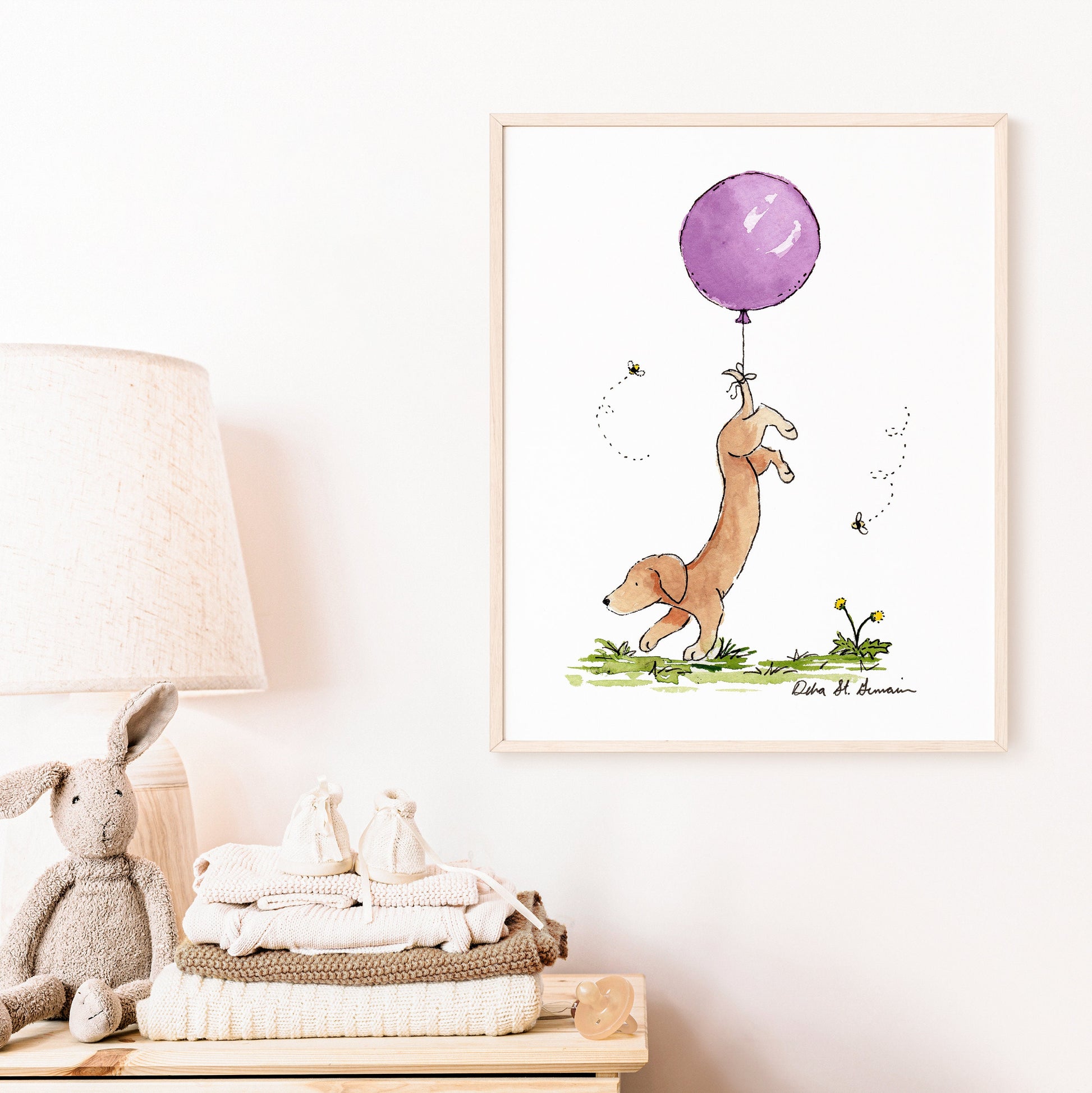 Dachshund Art Print, Funny Dachshund Art, Purple Balloon Art, Girl Nursery Print, Children's Art, wiener dog art, Gift for Dachshund Lovers