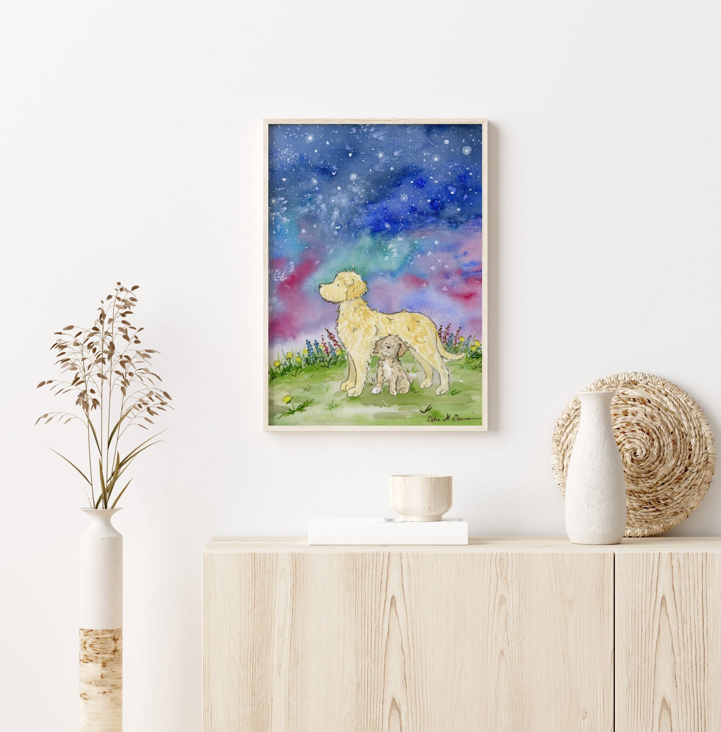 Labradoodle Art, Golden Doodle, Starry Skies, Star Gazing, Pet Portrait, Puppy Nursery Art, Watercolor Print, Children's Art, Moon and Stars