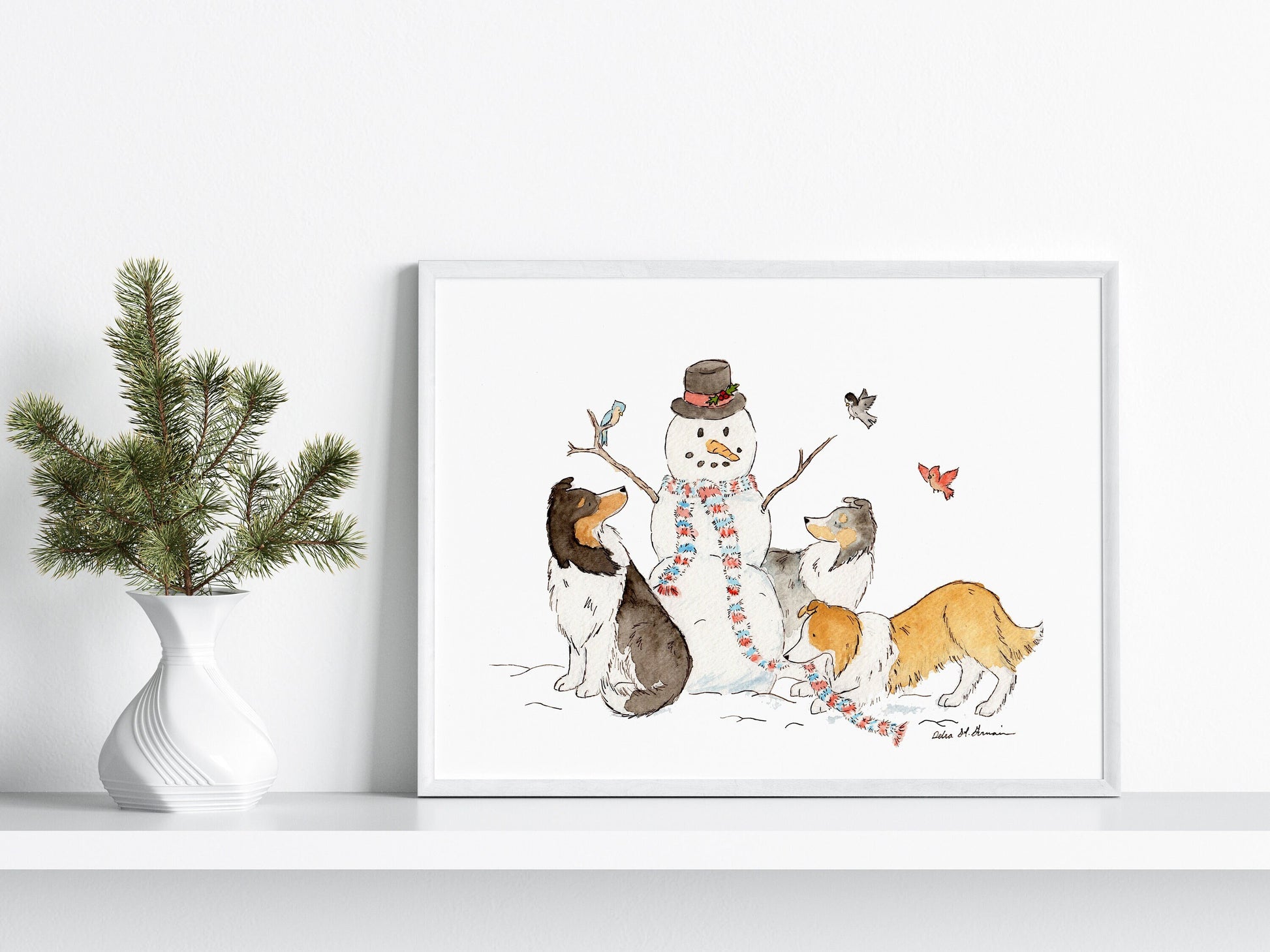 Sheltie Christmas Art, Holiday Dog Print, Shetland Sheepdog Art, Holiday Wall Art, Shelties with Snowman, Holiday Decor, Dog Christmas  Art