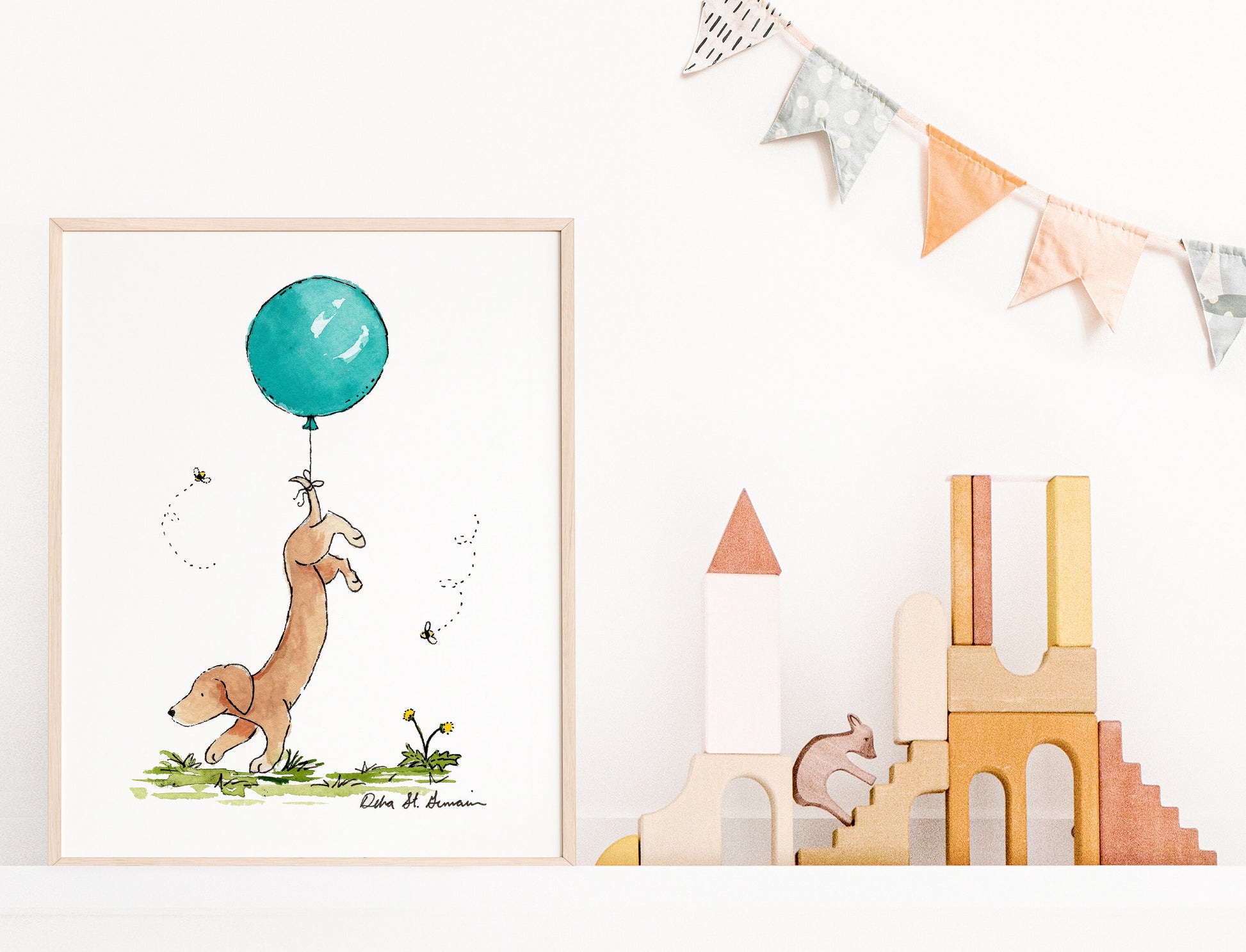 Cute Dachshund Art, Dachshund with Turquoise Balloon, Funny Dachshund Art, Gift for Dog Lovers, Puppy Nursery Art, Wiener Dog Art