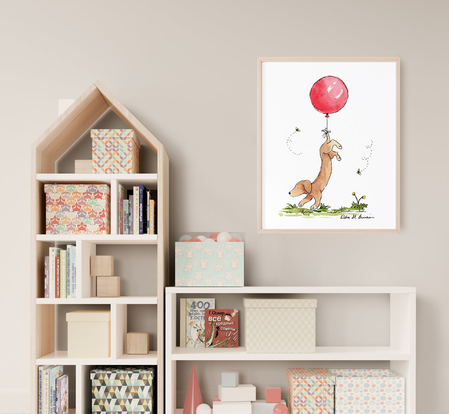 Dachshund Art Print, Gift for Dachshund Lovers, Children's Wall Art, Puppy Nursery Print, Dog Nursery Art, Red Balloon Print, Dog Lover Art