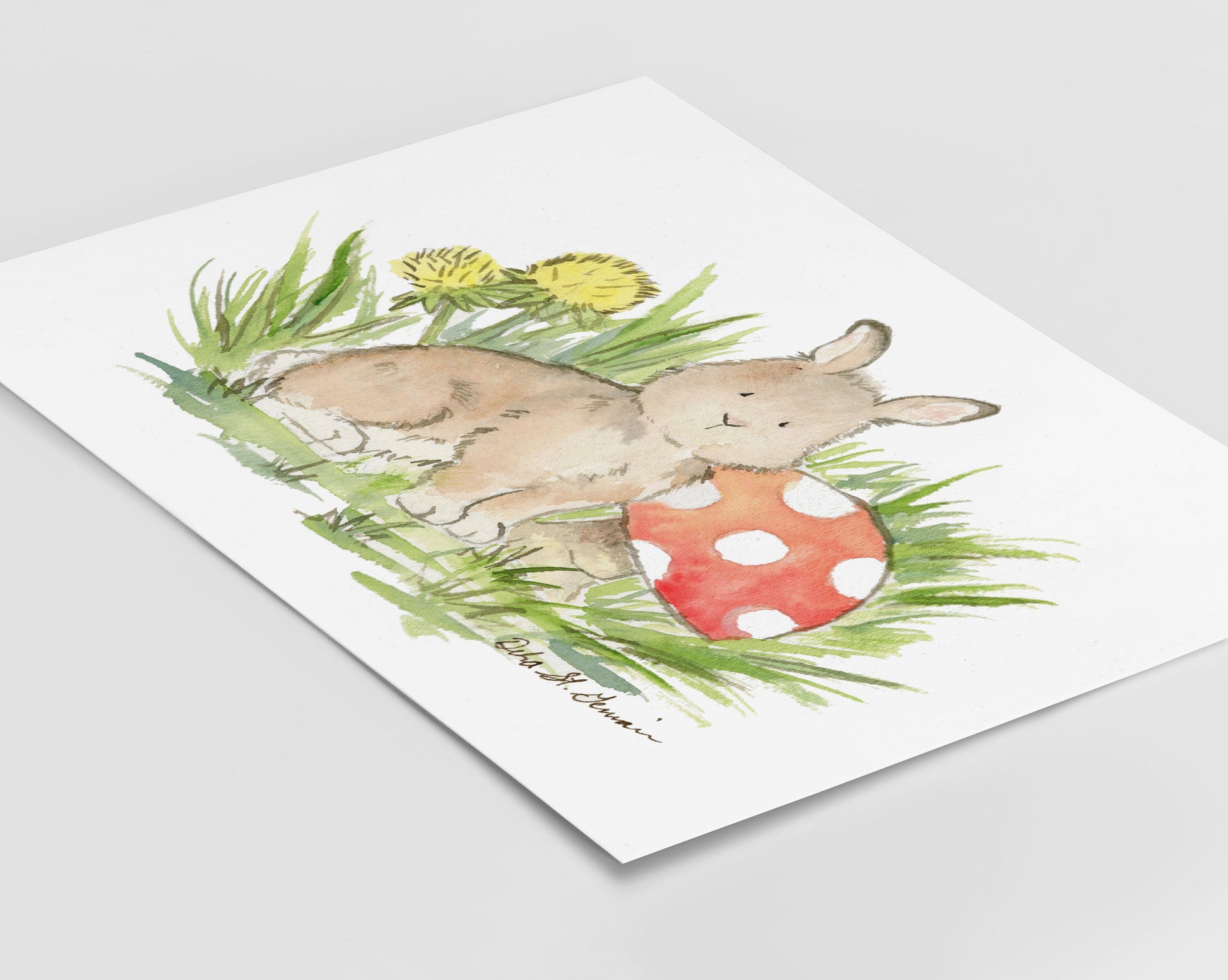 Woodland Nursery Art, Bunny with Mushroom Watercolor Print