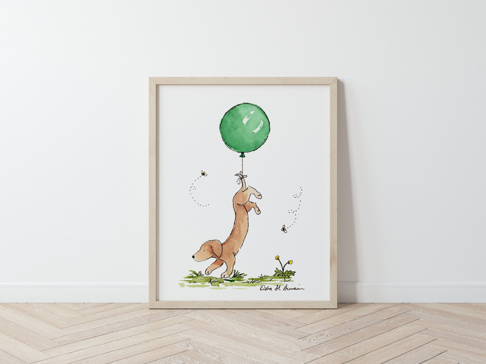 Cute Dachshund Art, Wiener Dog Print, Dachshund Lover Gift, Nursery Art, Dachshund with Green Balloon Print, Puppy Nursery Art