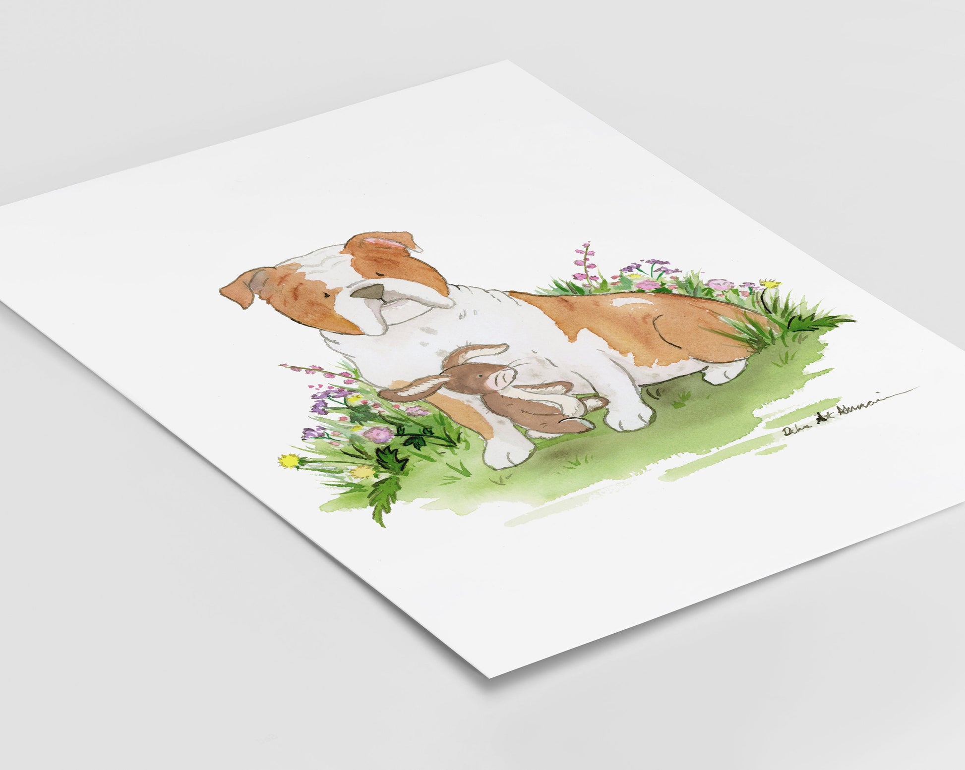 English Bulldog Watercolor Illustration Print, Bulldog with Bunny Art