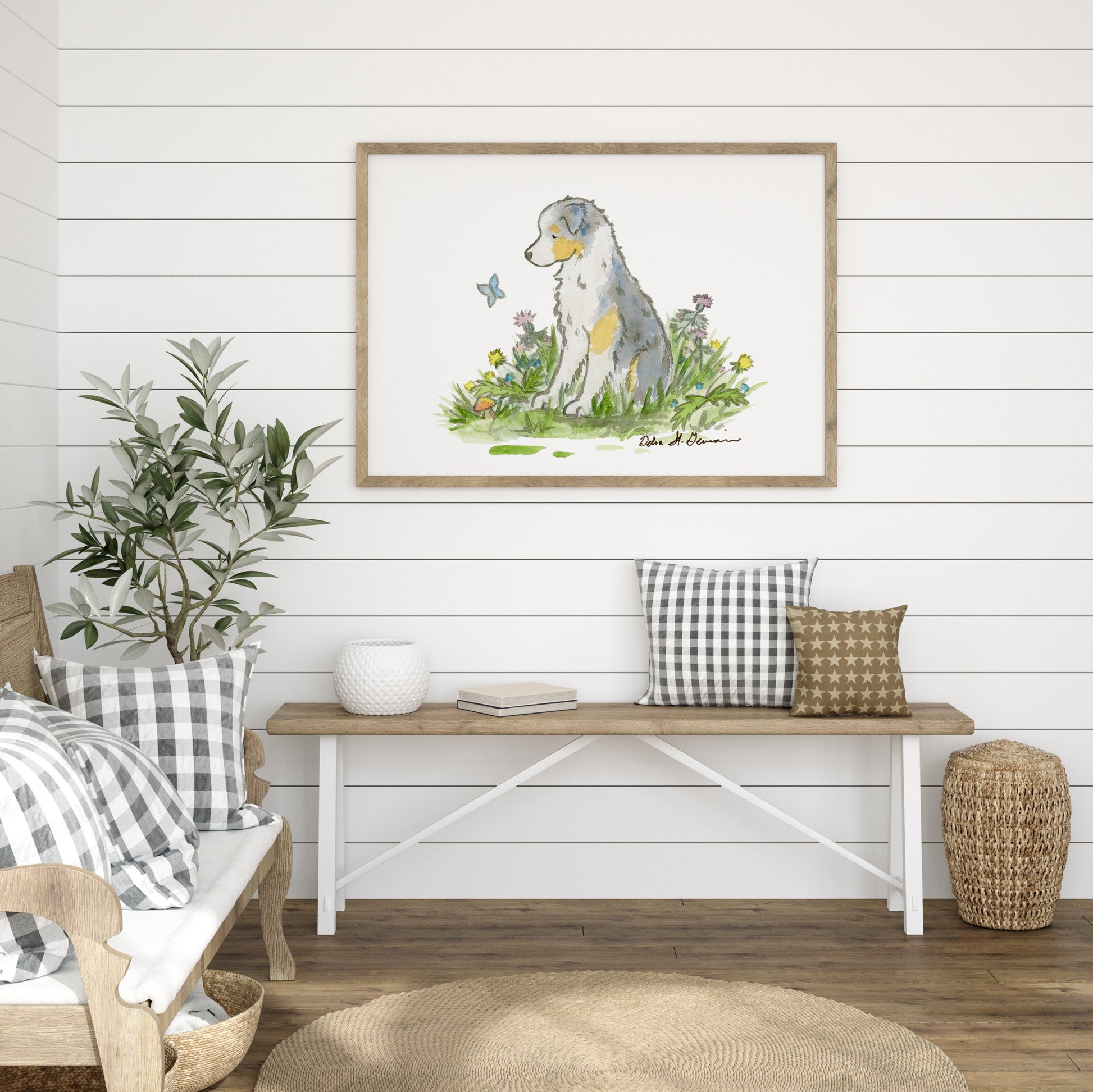 Australian Shepherd Art, Blue Merle Aussie Print, Puppy Nursery Art, Watercolor Print,  Children's Art Kids Dog Art, Baby Room Decor