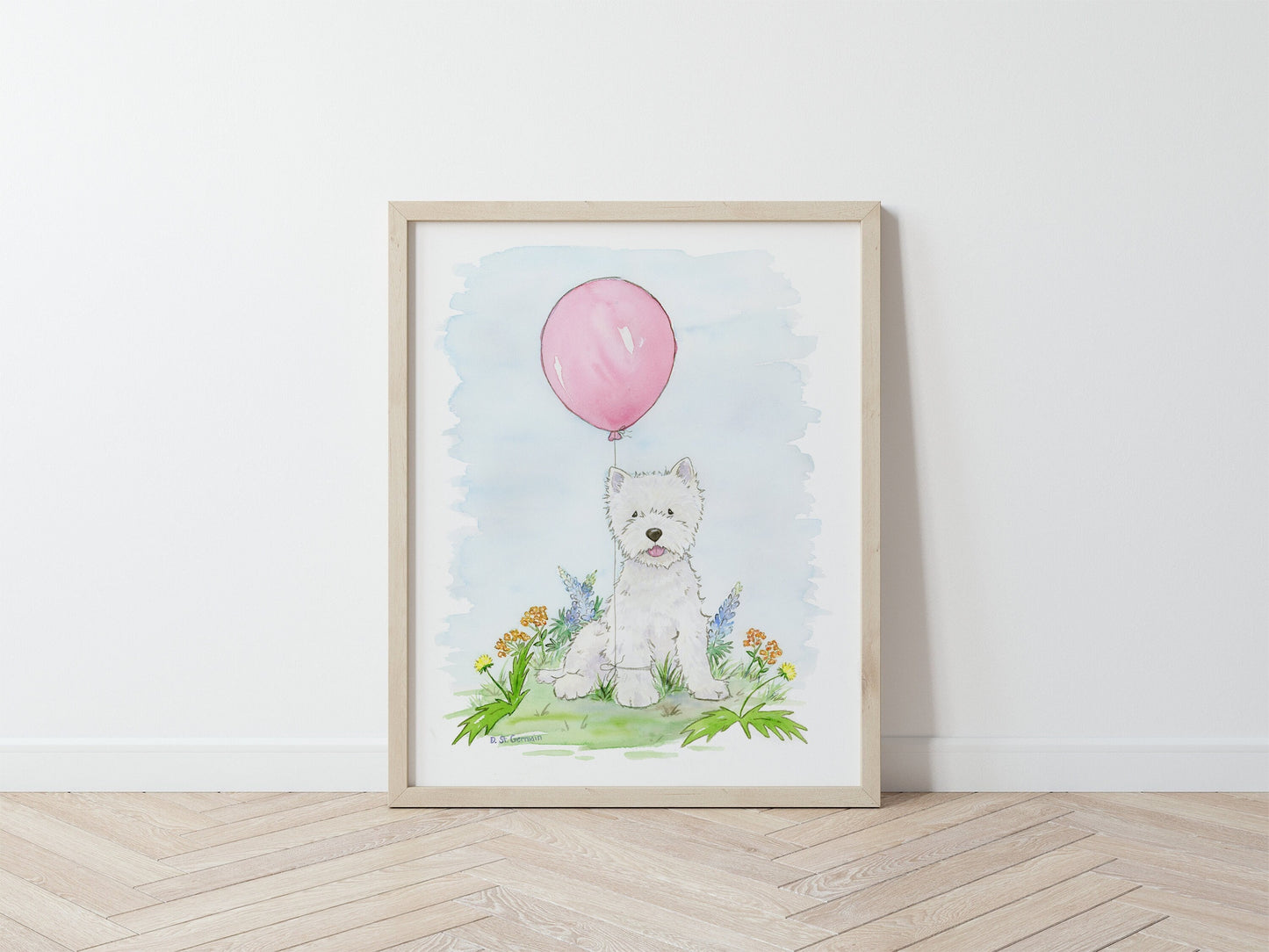 Westie Art, Dog Art, Children's Wall Art, Terrier with Pink Balloon, West Highland White, Baby Girl Nursery, Pink Nursery, Children's Art