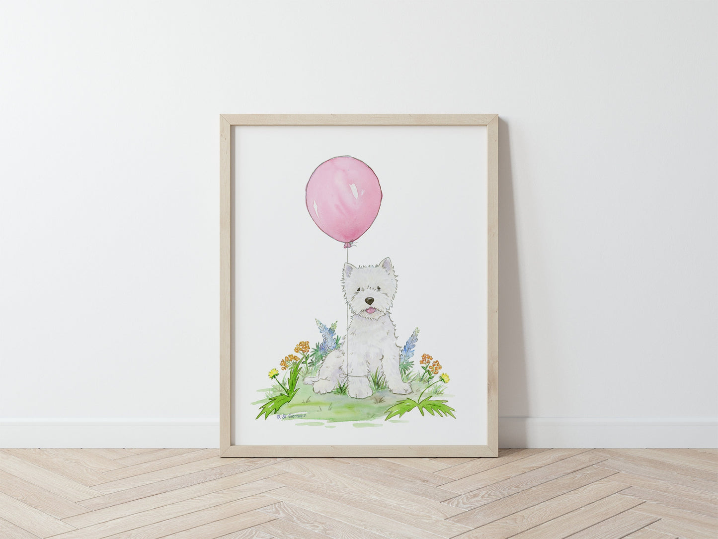 Westie Art, Dog Art, Children's Wall Art, Terrier with Pink Balloon, West Highland White, Baby Girl Nursery, Pink Nursery, Children's Art