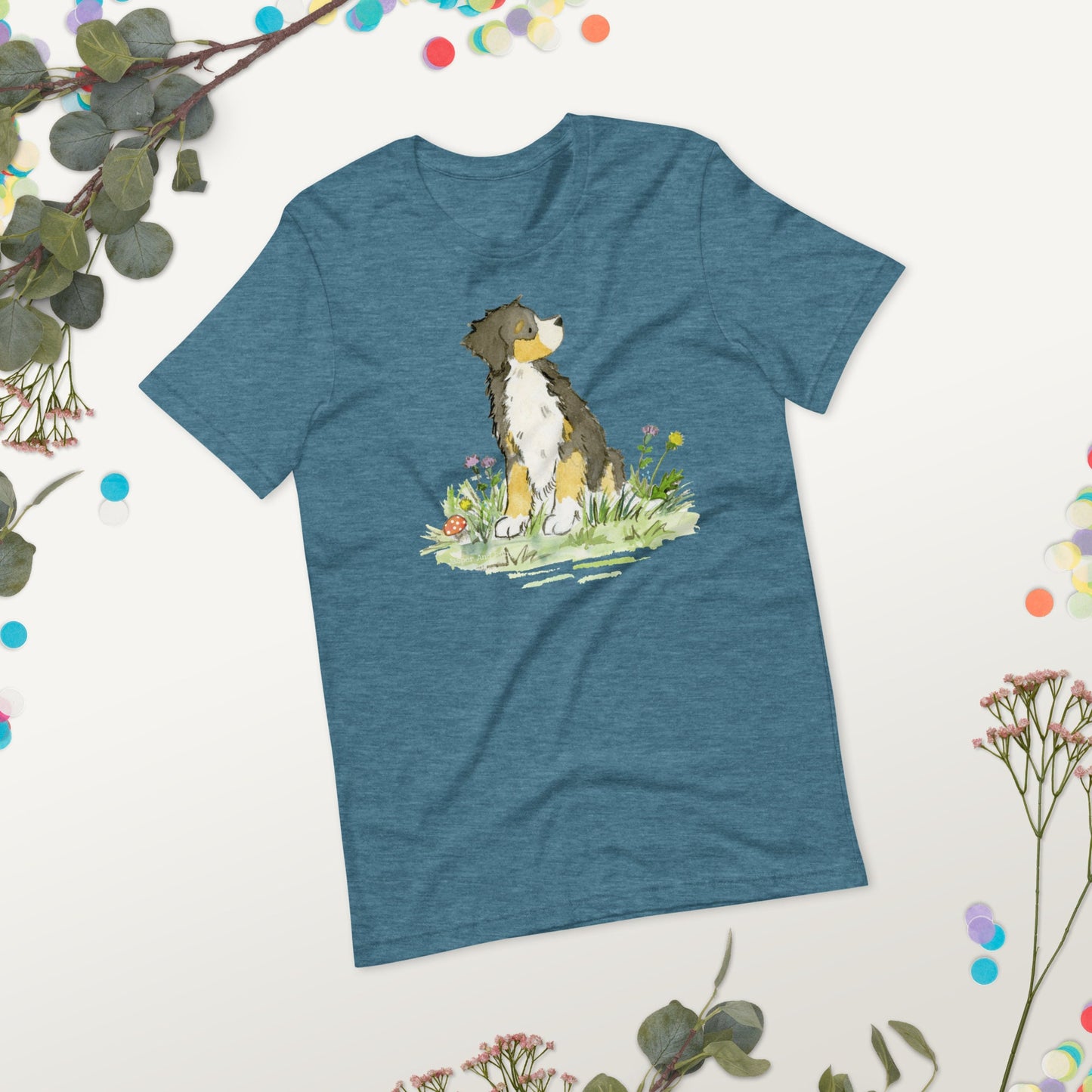 Teal t-shirt with cute Bernese mountain dog artwork on it.