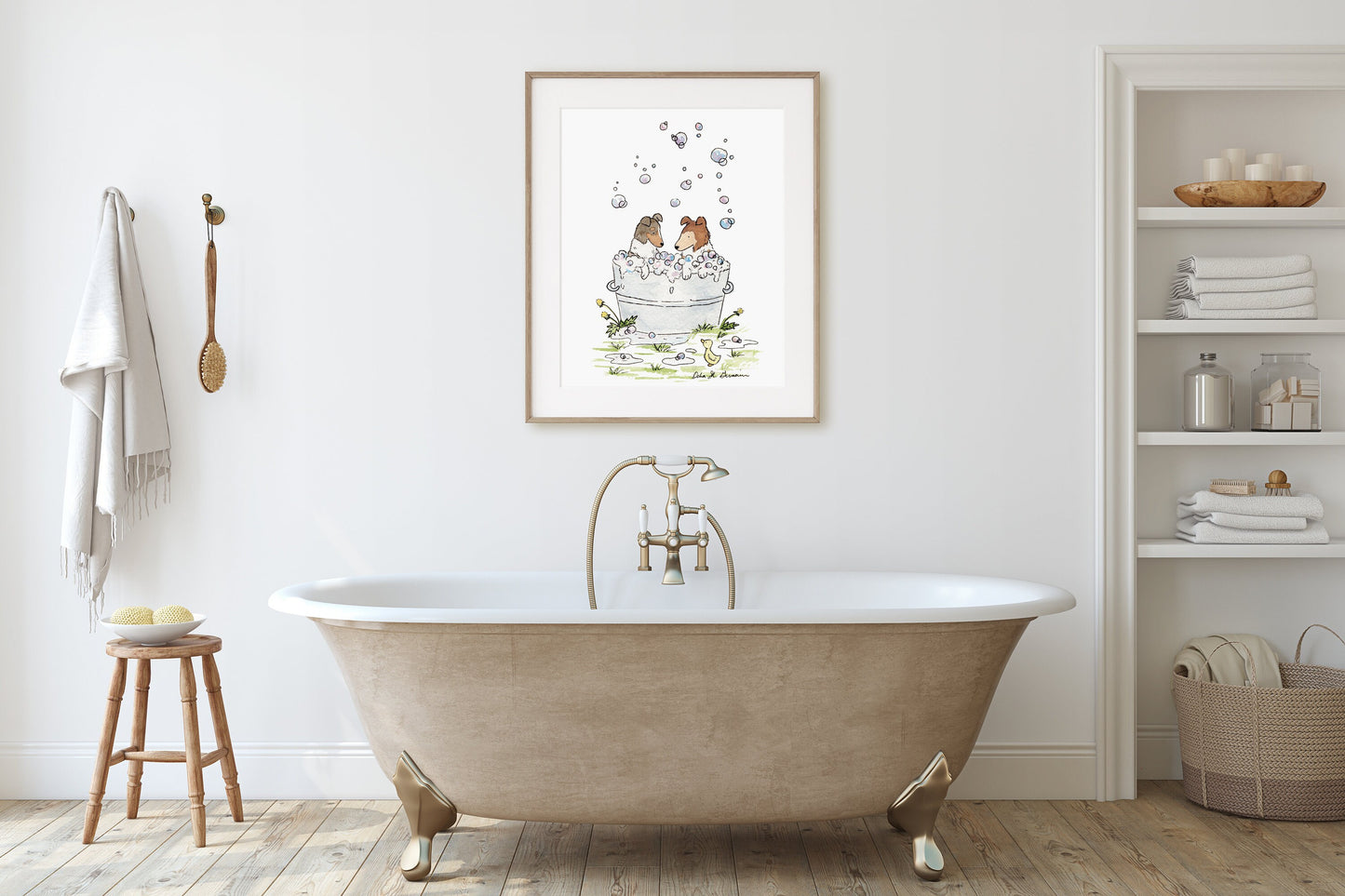 Collie Wall Art, Watercolor Collie Print, Collies in a Bathtub, Art for Dog Lovers