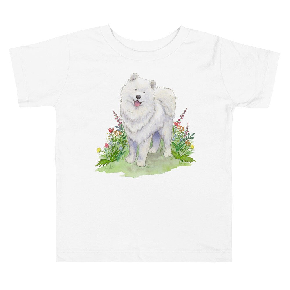 White toddler tee shirt with white samoyed dog and flowers on it.