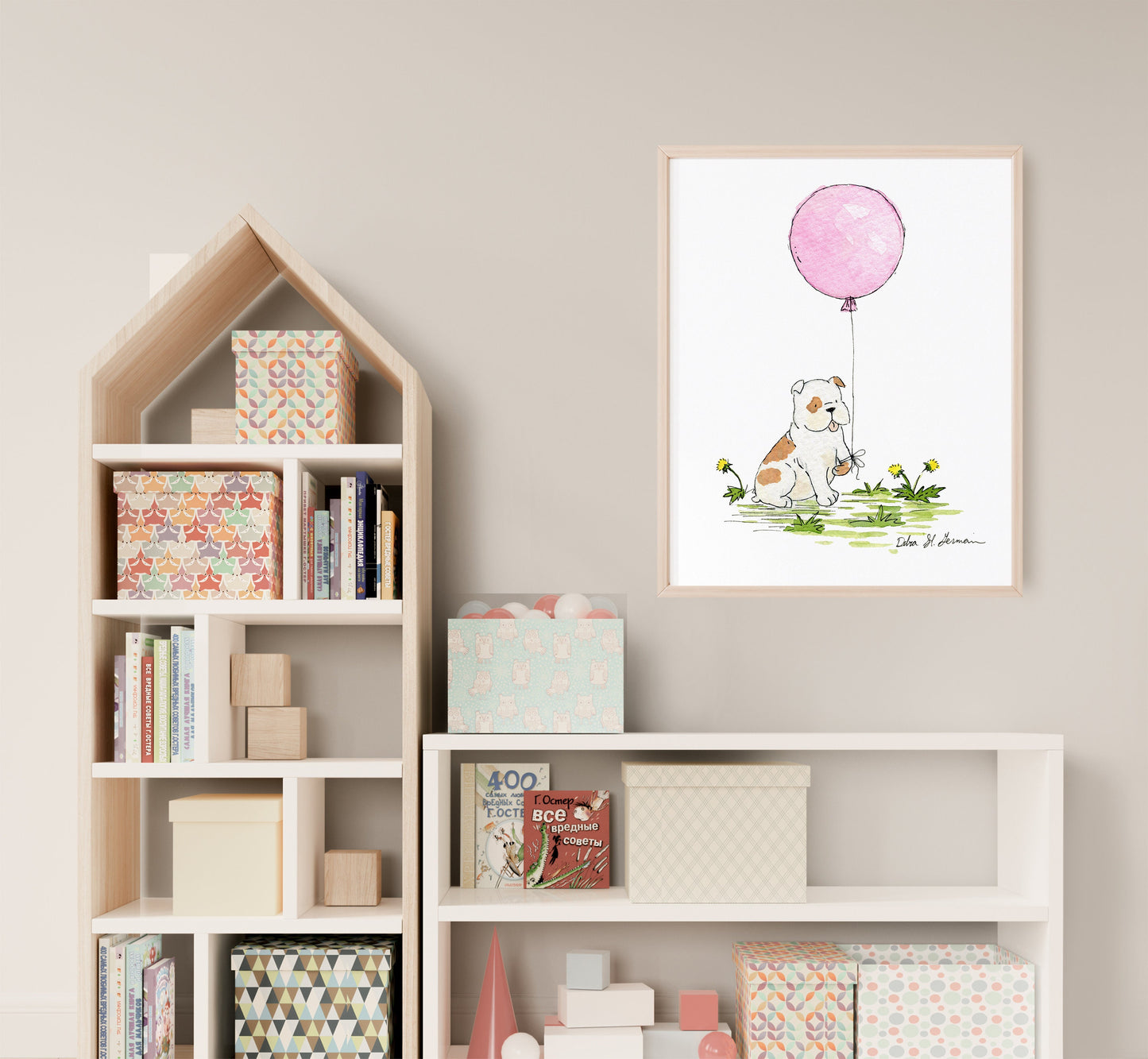 Bulldog with Pink Balloon Print, English Bulldog Art, Dog Nursery Print, Bulldog Gift