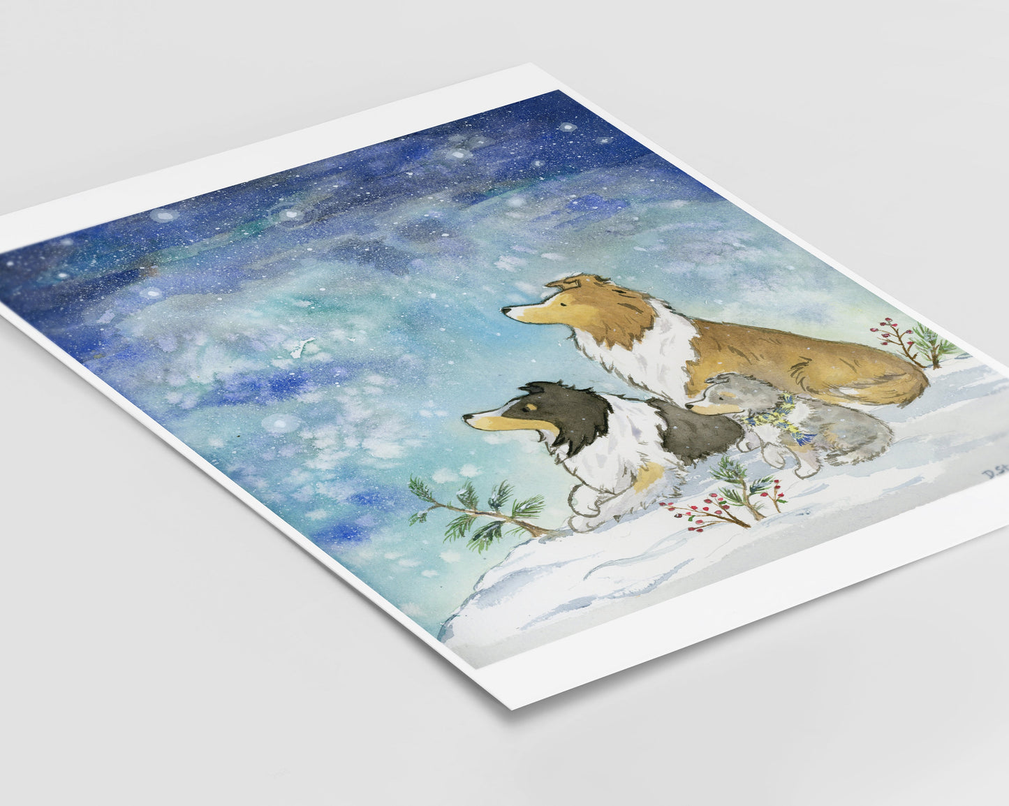 Shetland Sheepdog Art- Winter Starry Night Watercolor Christmas Holiday Print