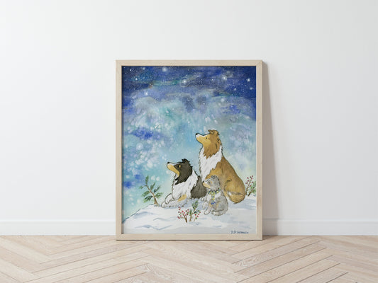 Shetland Sheepdog Art- Winter Starry Night Watercolor Christmas Holiday Print