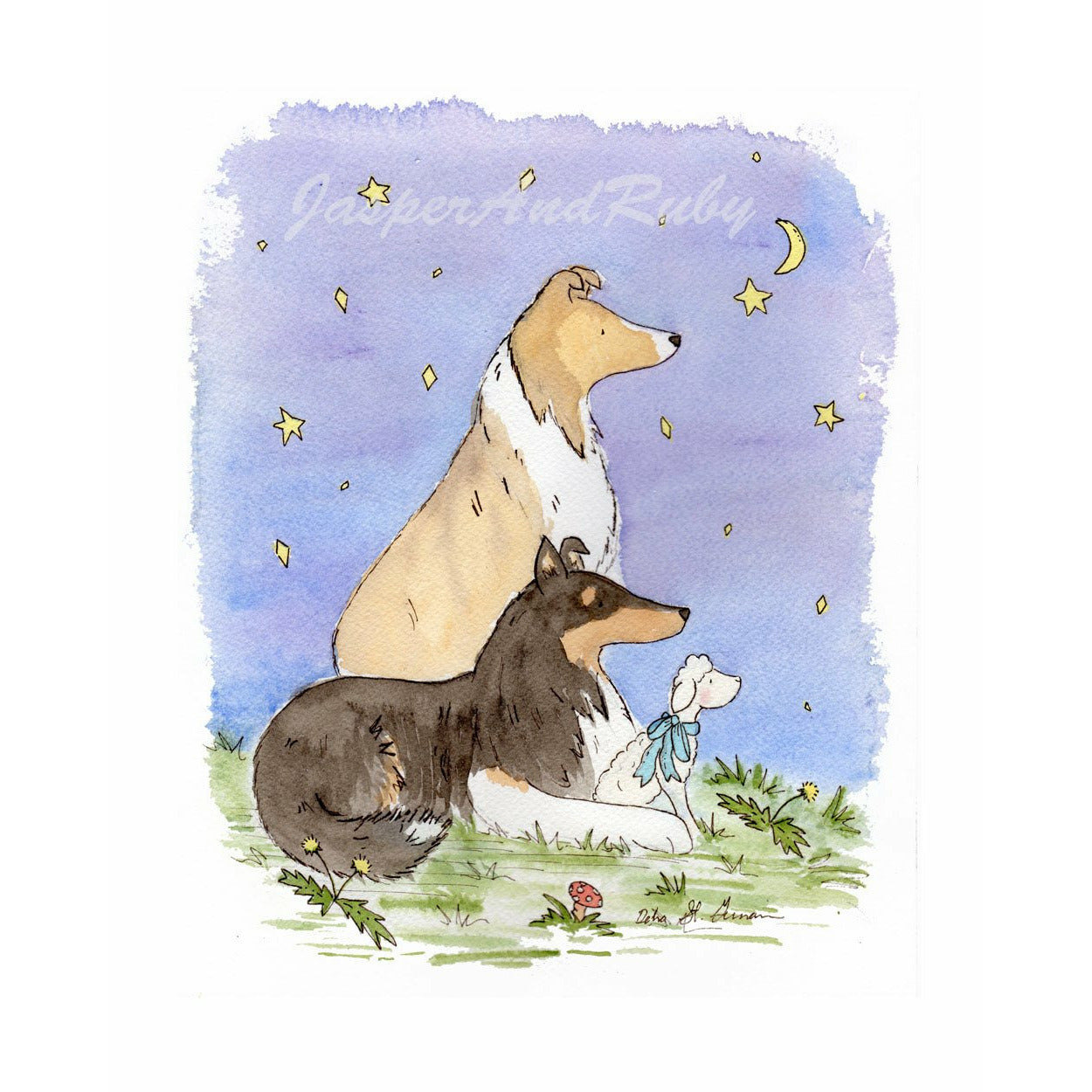 Collie Watercolor Print, Sable and Tricolor Collies, The Wishing Star 3 - Jasper and Ruby Art