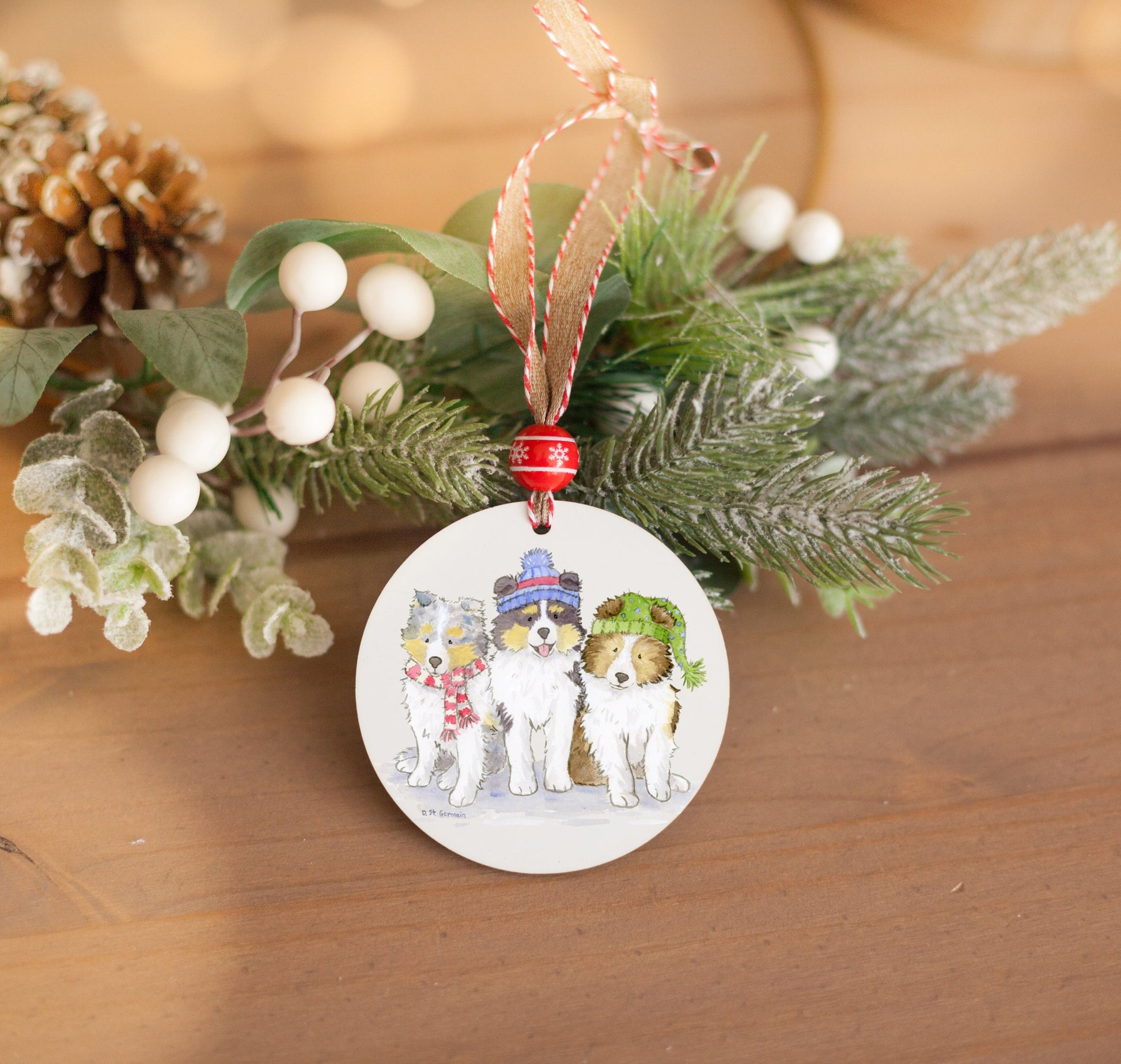 Sheltie Pups Ornament, Sheltie Gift, Aussie Christmas, Dog Name Ornament, Shetland Sheepdog Gift, Dog Lover Gift, Personalized Ornament