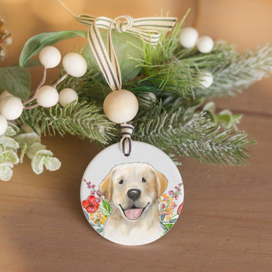 Ceramic ornament with original artwork off happy yellow lab and colorful flowers