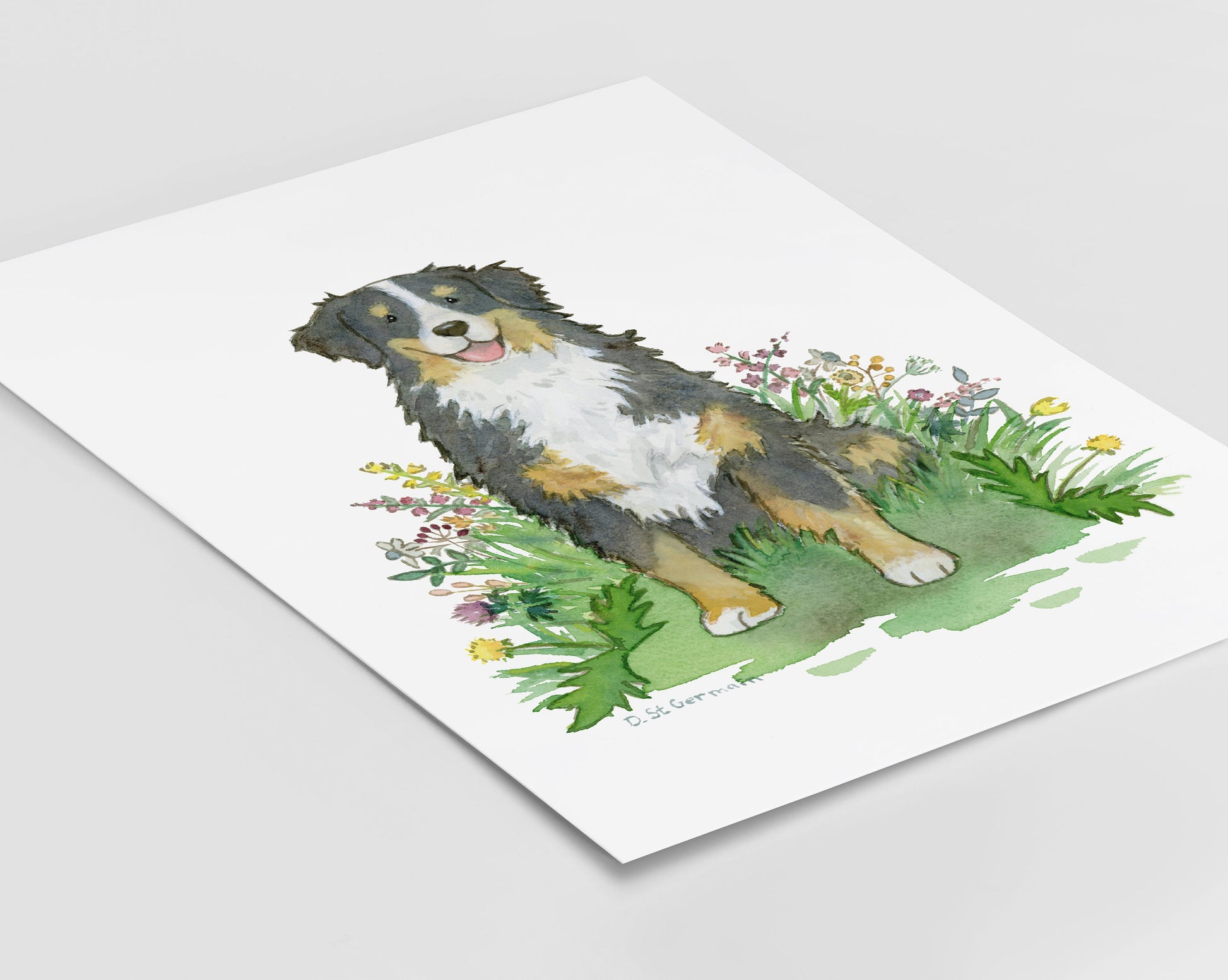 watercolor print of happy Bernese Mountain dog sitting in colorful flowers.