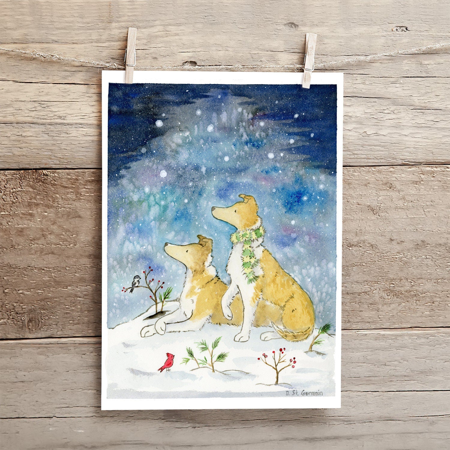 Smooth Collie Art, Collie Watercolor Print, Collies and the Starry Sky