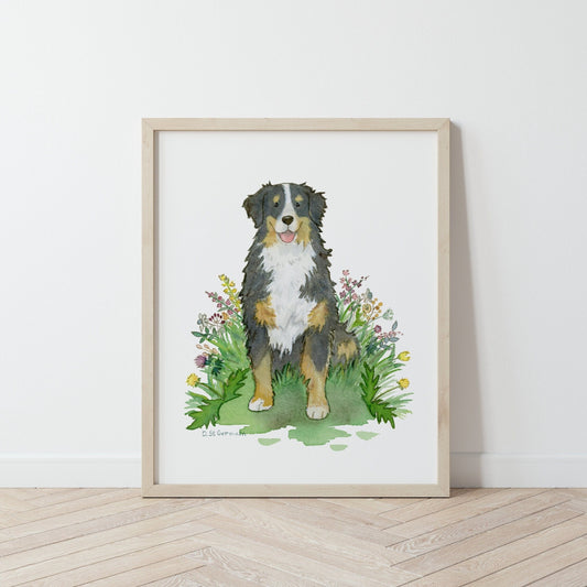 Framed watercolor print of happy Bernese Mountain dog sitting in colorful flowers.