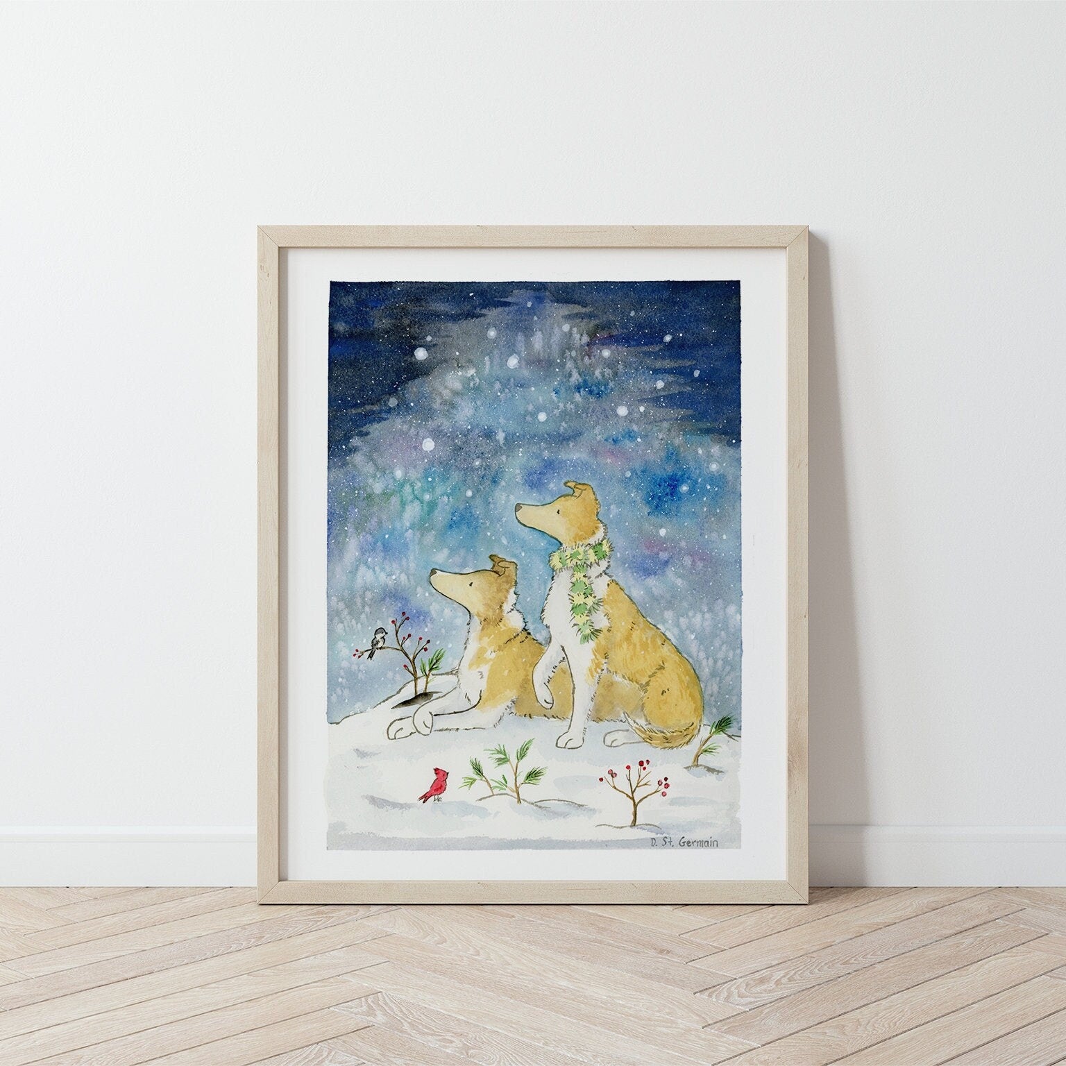 Framed watercolor art print with two smooth collies and a winter snowy night scene.