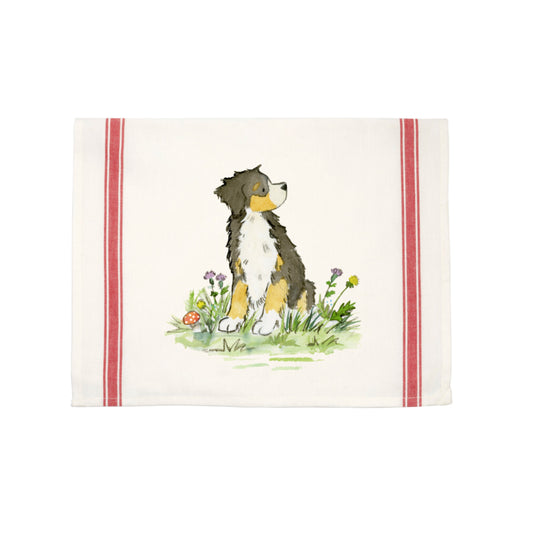 Cotton kitchen towel with Bernese mountain dog artwork on it and red ticking stripes on the sides