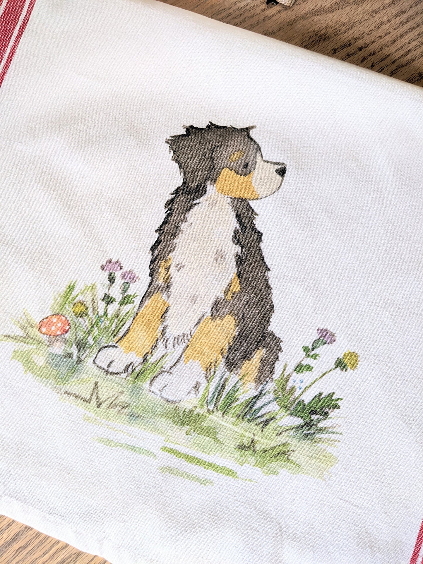 Bernese Mountain Dog Tea Towel, Bernese Towel, Farmhouse Stripe, Bernese Gift, Berner Gift, Gift for Bernese Lovers, Dog Tea Towel