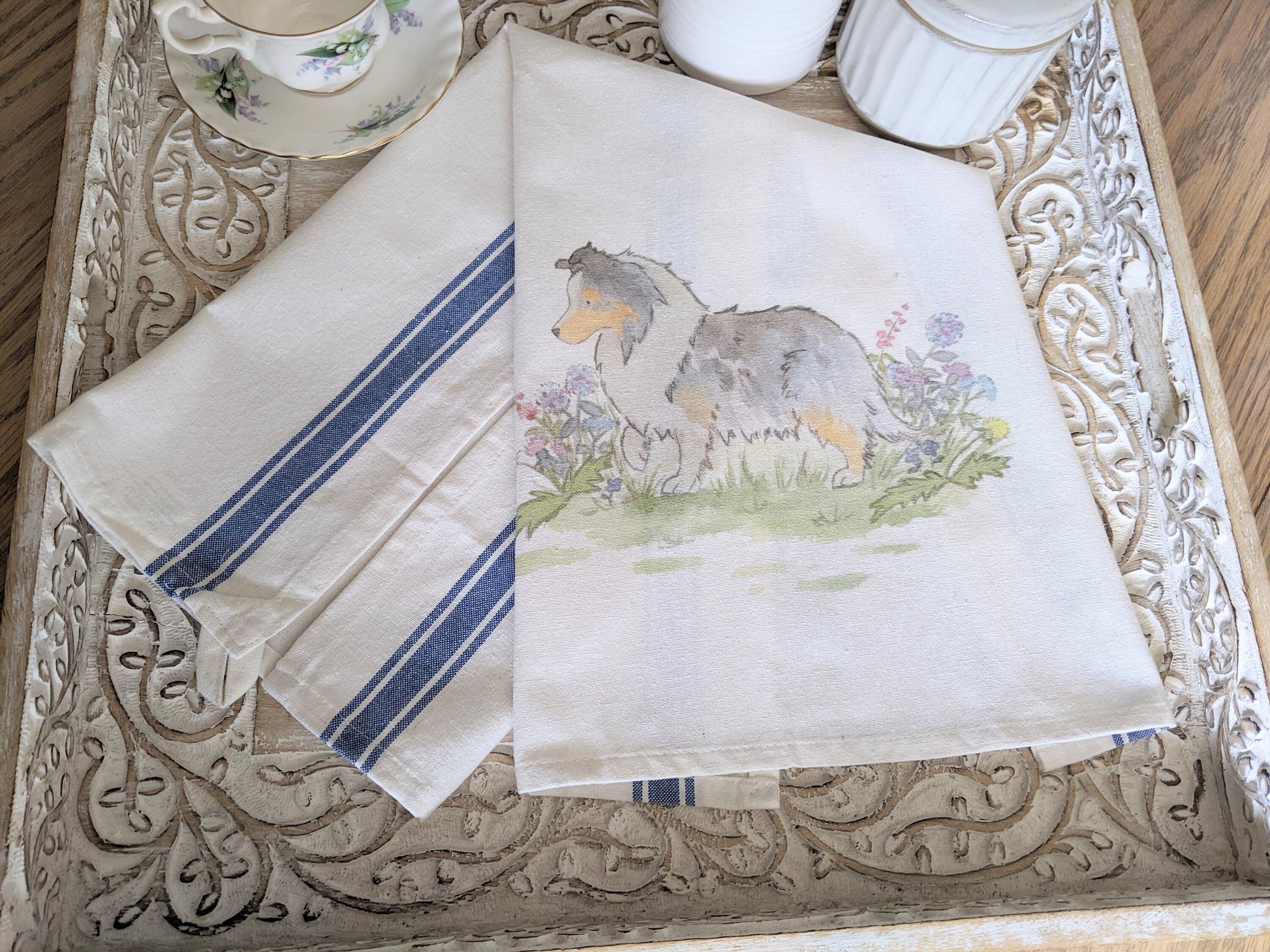 Shetland Sheepdog Tea Towel, Farmhouse Sheltie Towel, Ticking Stripe Towel, Blue Merle Sheltie Towel, Sheltie Gift, Gift for Sheltie Lovers