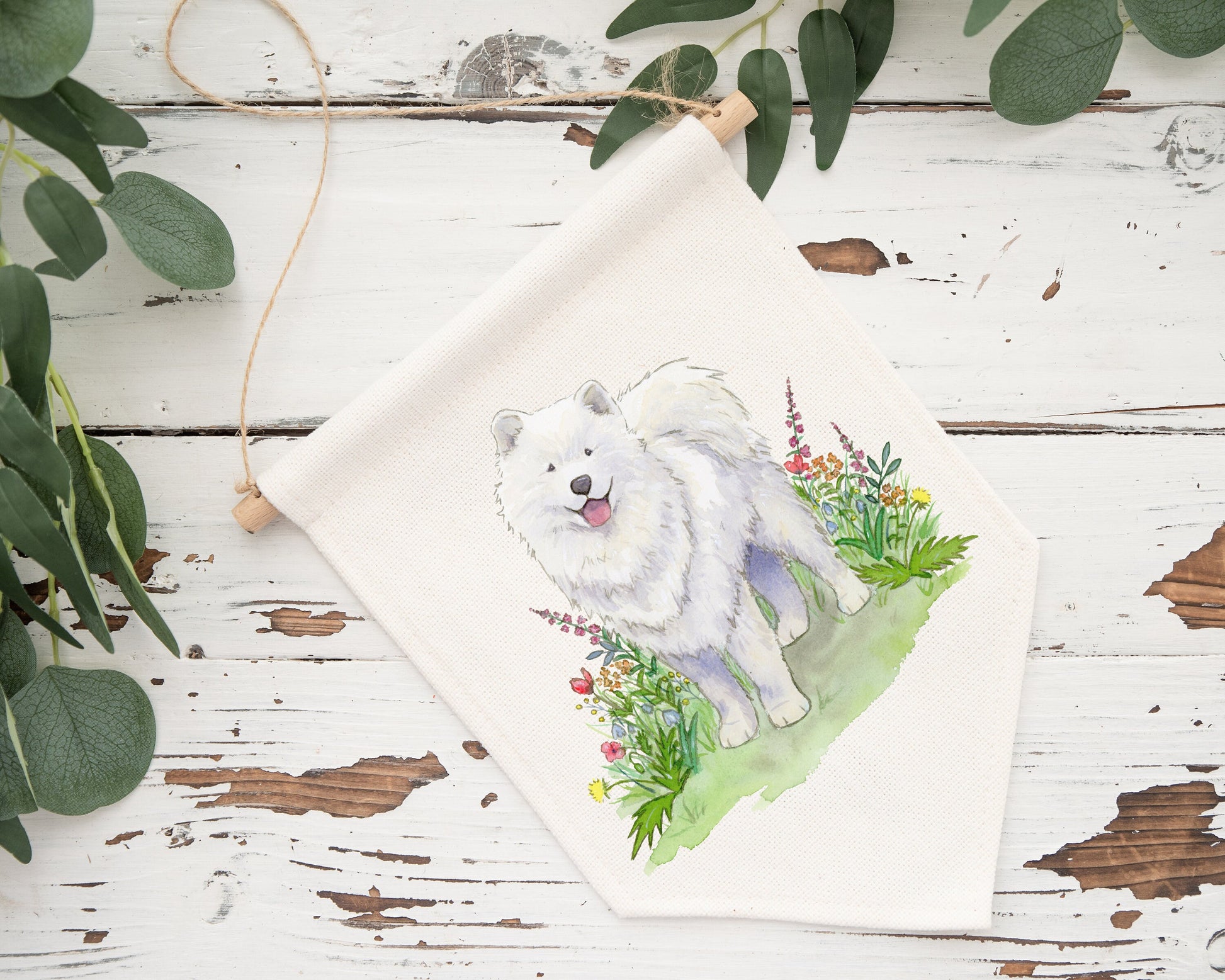 Cotton canvas pennant banner with fluffy white Samoyed dog and colorful flowers.