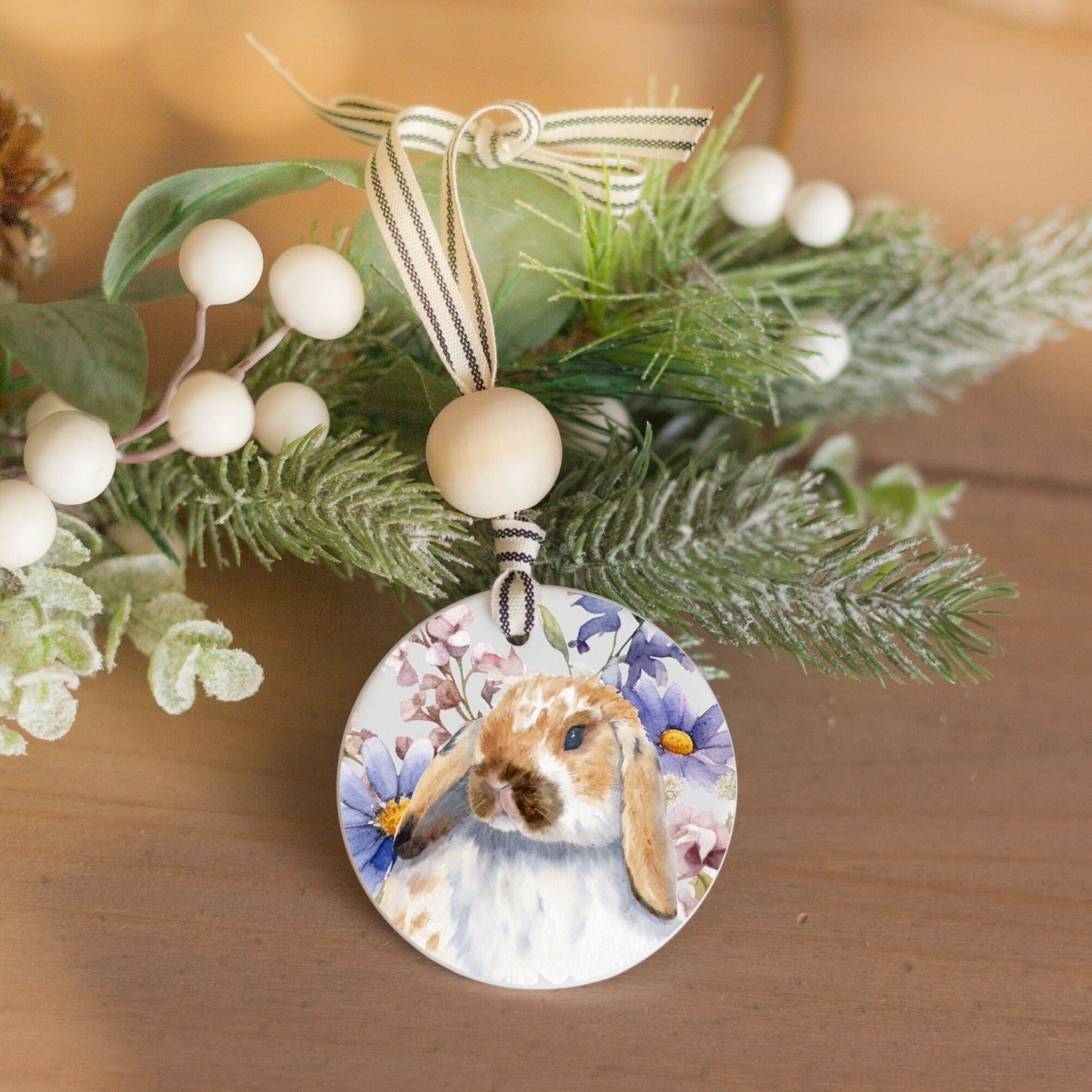 Ceramic ornament with orange spotted holland lop bunny