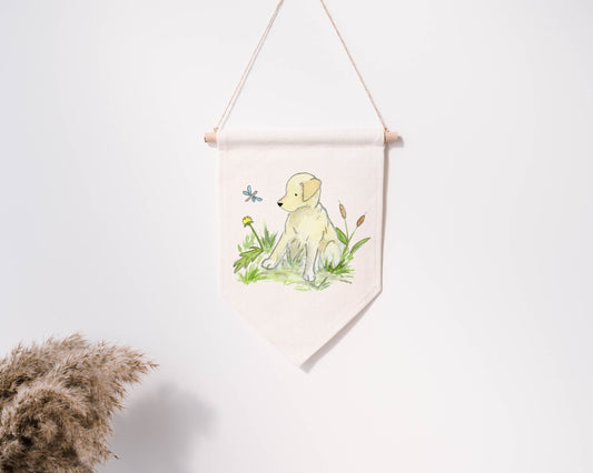 Cotton banner with watercolor artwork of yellow lab puppy.