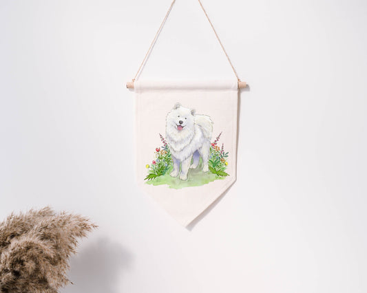 Cotton canvas pennant banner with fluffy white Samoyed dog and colorful flowers.