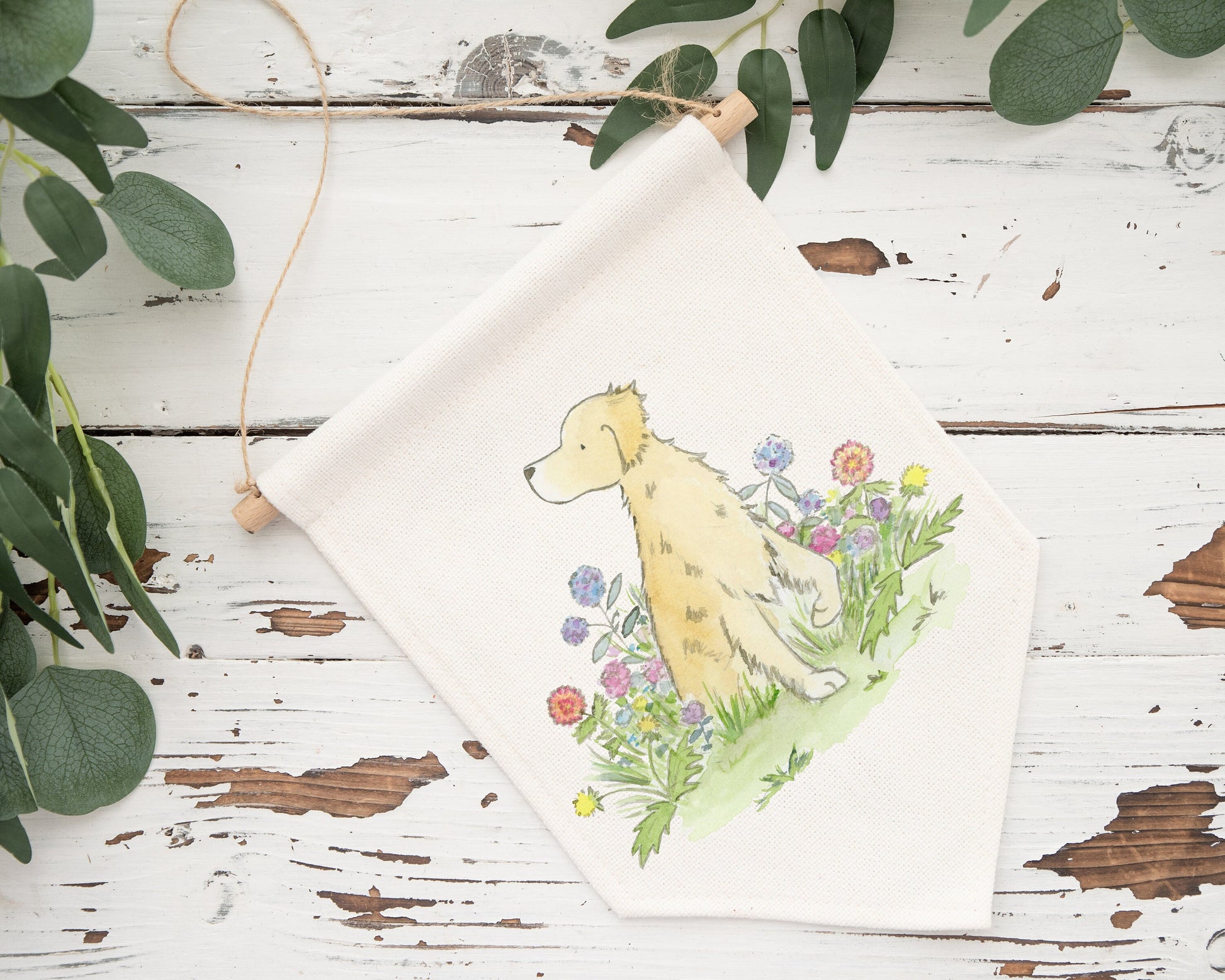 Cotton canvas banner wall hanging with watercolor artwork of golden retriever with flowers.