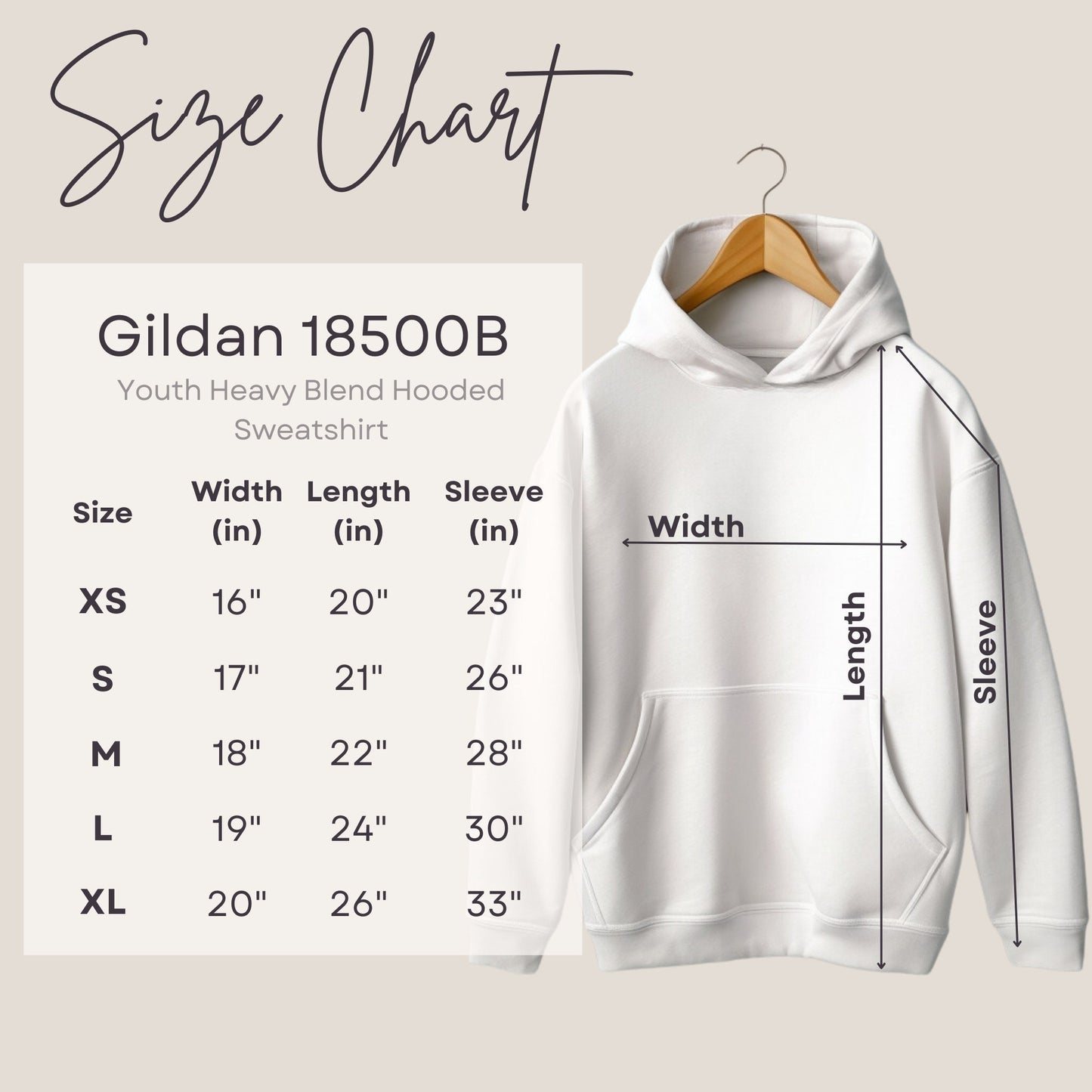 Size chart for hooded sweatshirt.