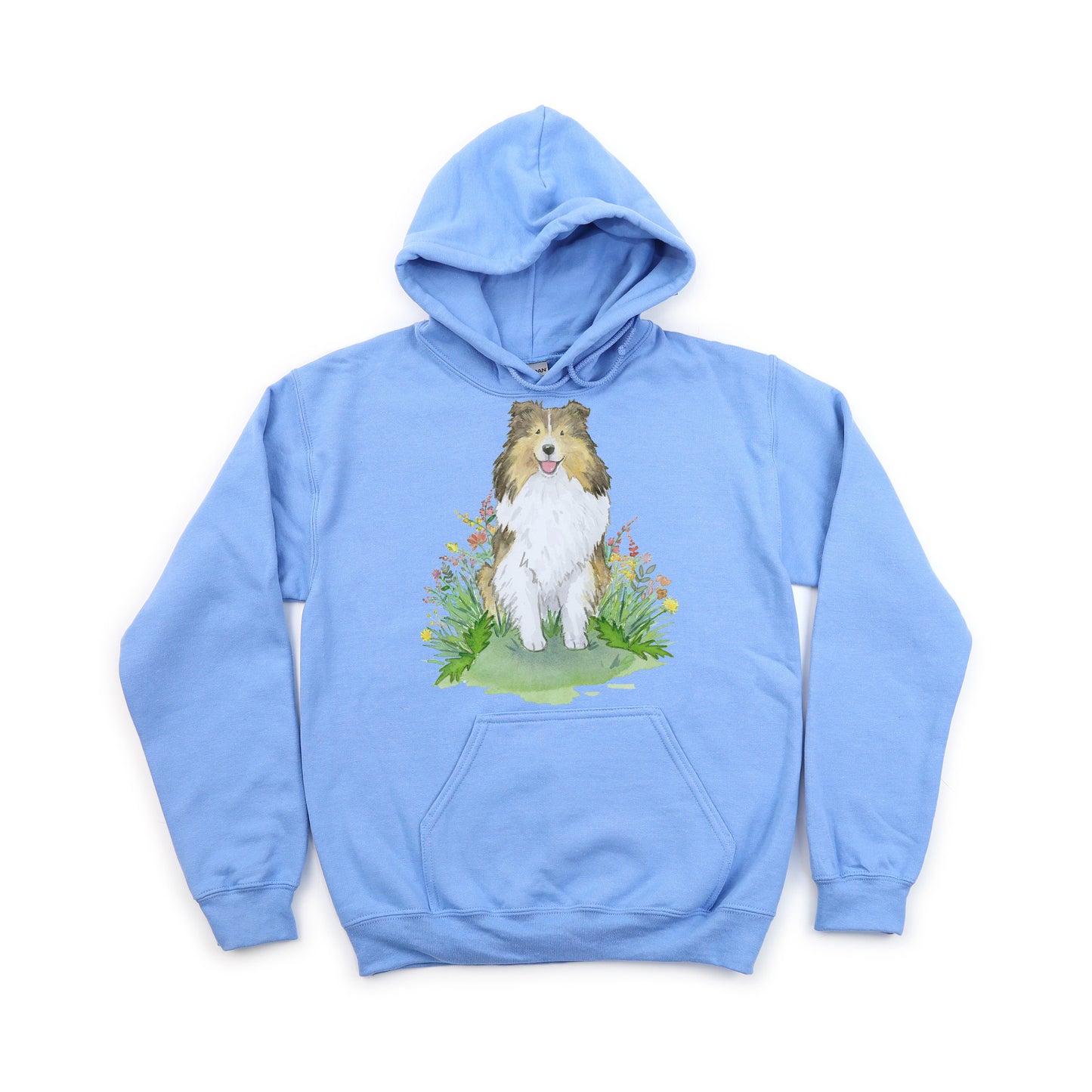 Light Blue hooded sweatshirt with sable shetland sheepdog and flowers on it.