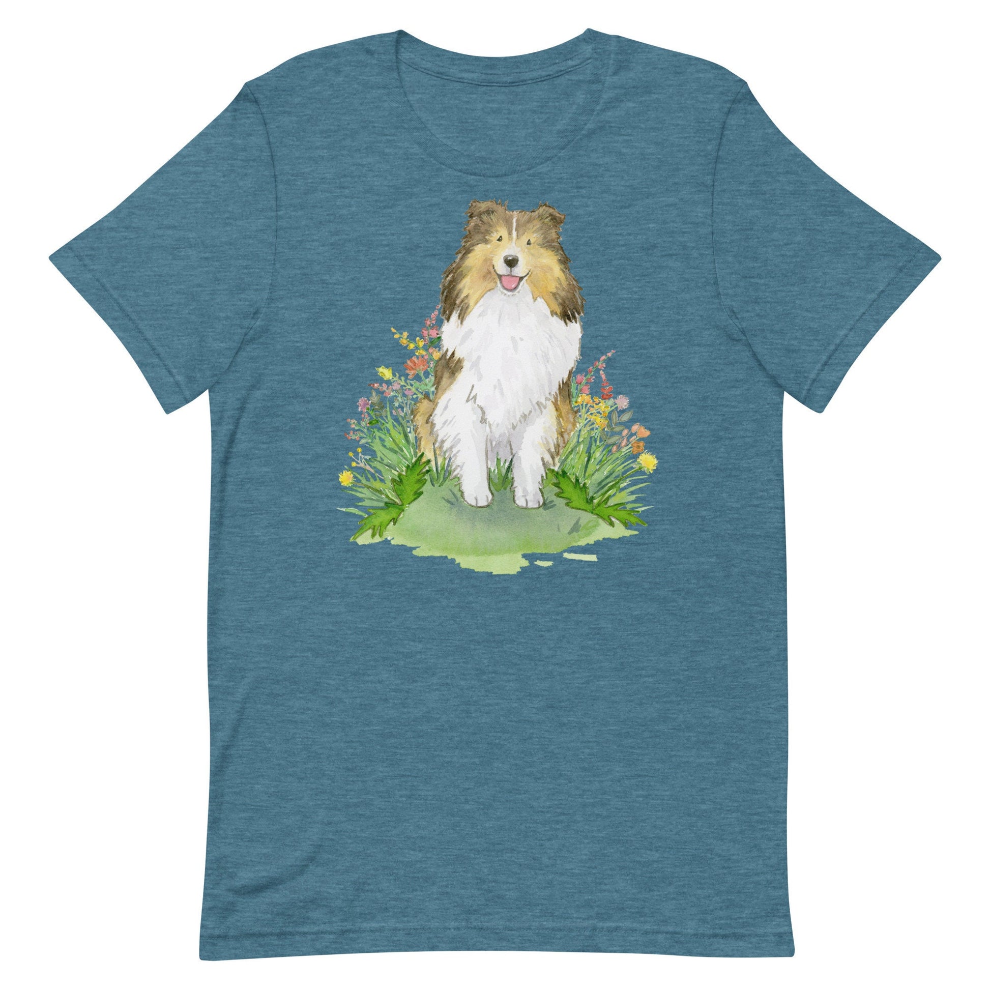 Teal t-shirt with sable shetland sheepdog artwork on it.