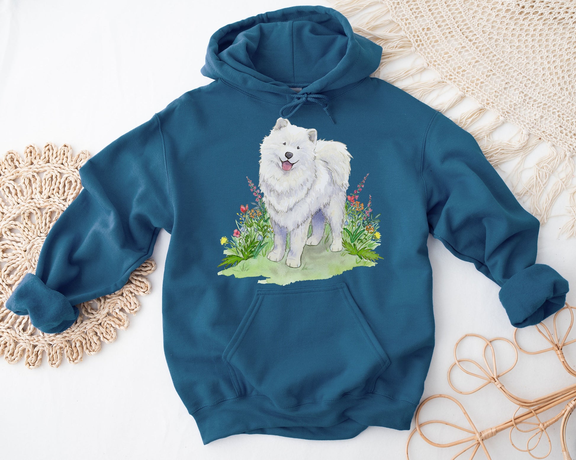 Dark Blue hooded sweatshirt with cute artwork of samoyed dog and wildflowers