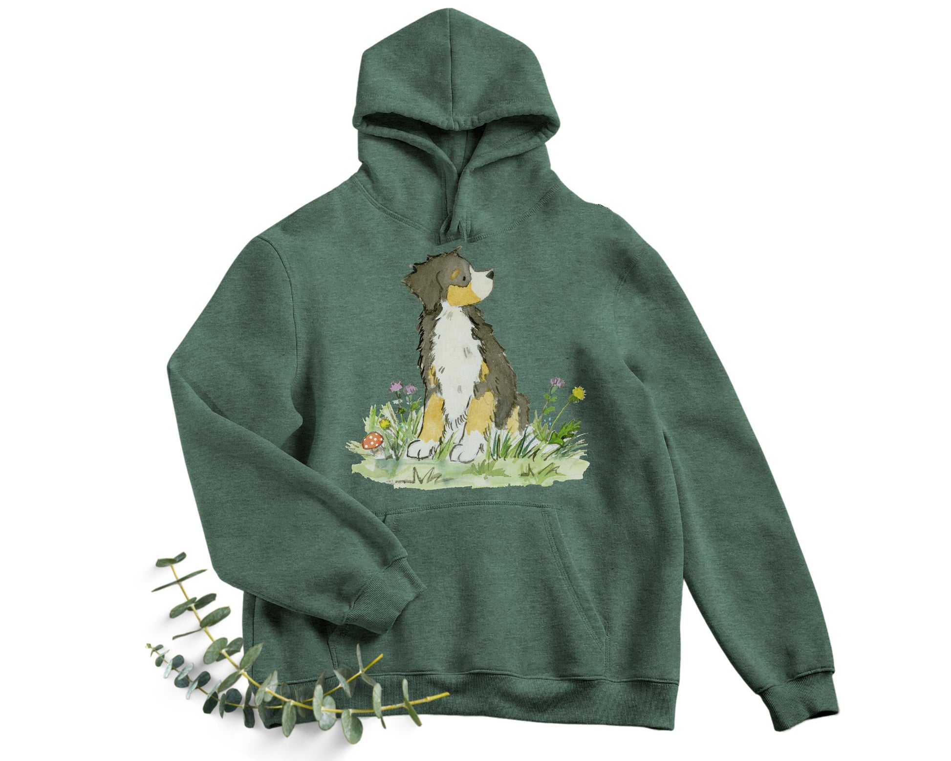 Green hooded sweatshirt with artwork of a Bernese Mountain Dog and Flowers on it.